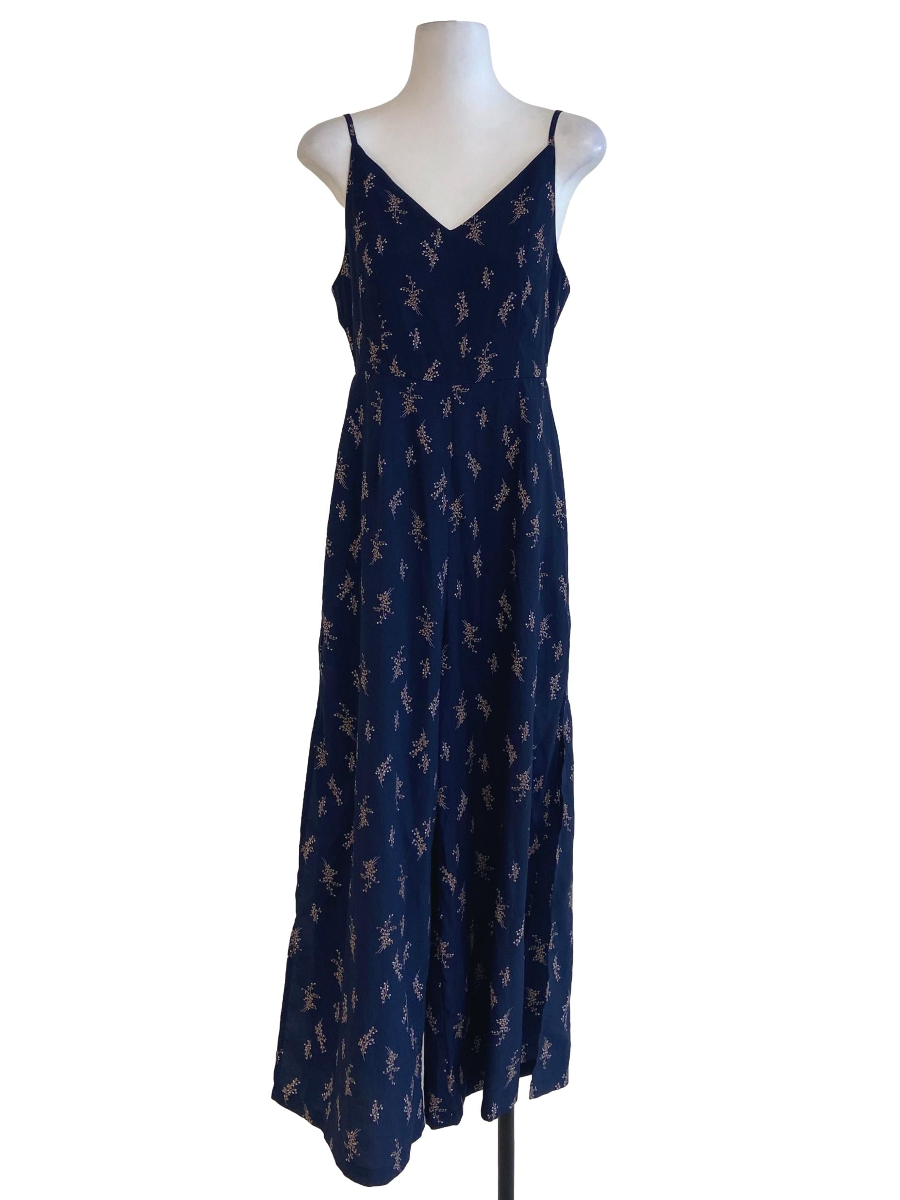 Navy Blue & Floral Slit Sleeveless Jumpsuit