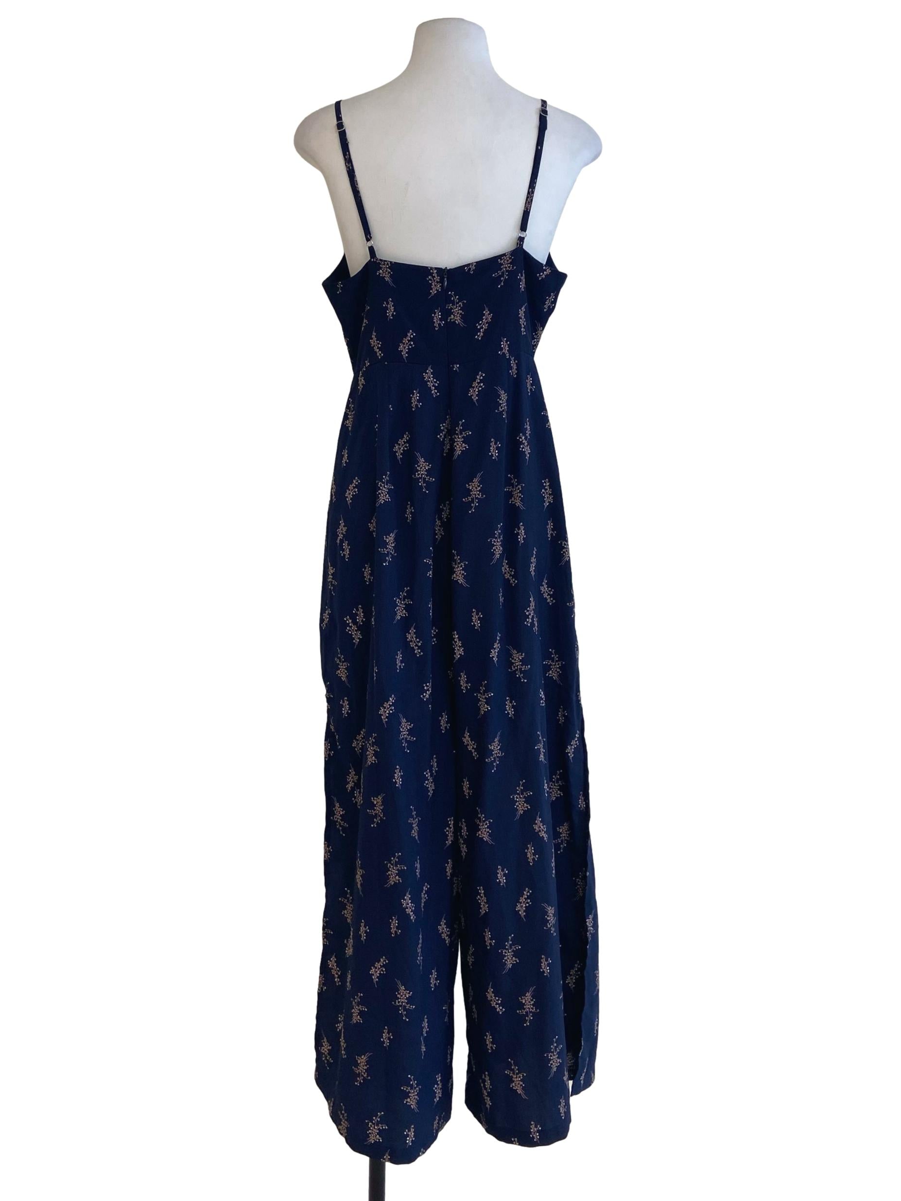 Navy Blue & Floral Slit Sleeveless Jumpsuit