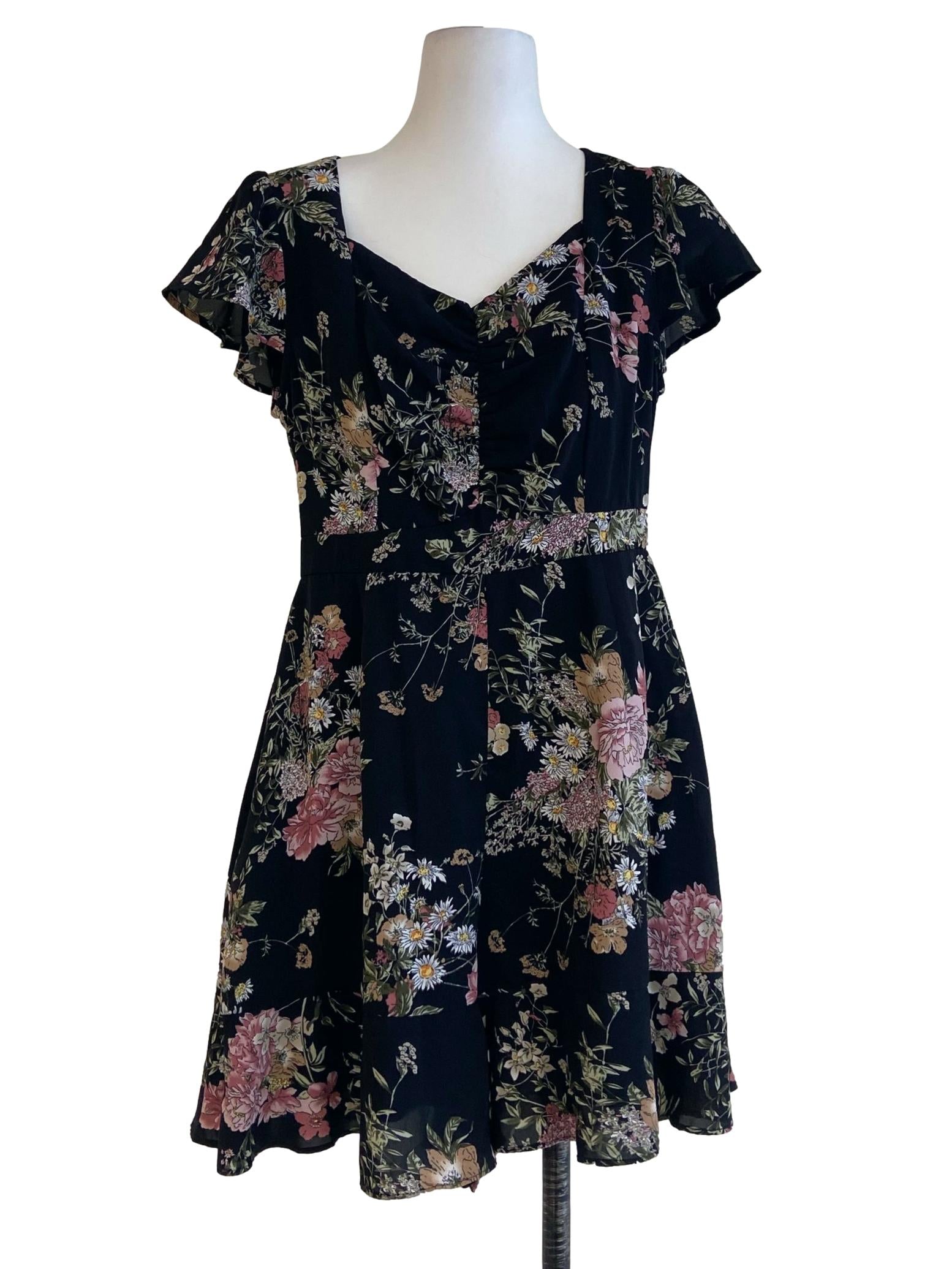 Black Floral Queen Anne Neck Dress