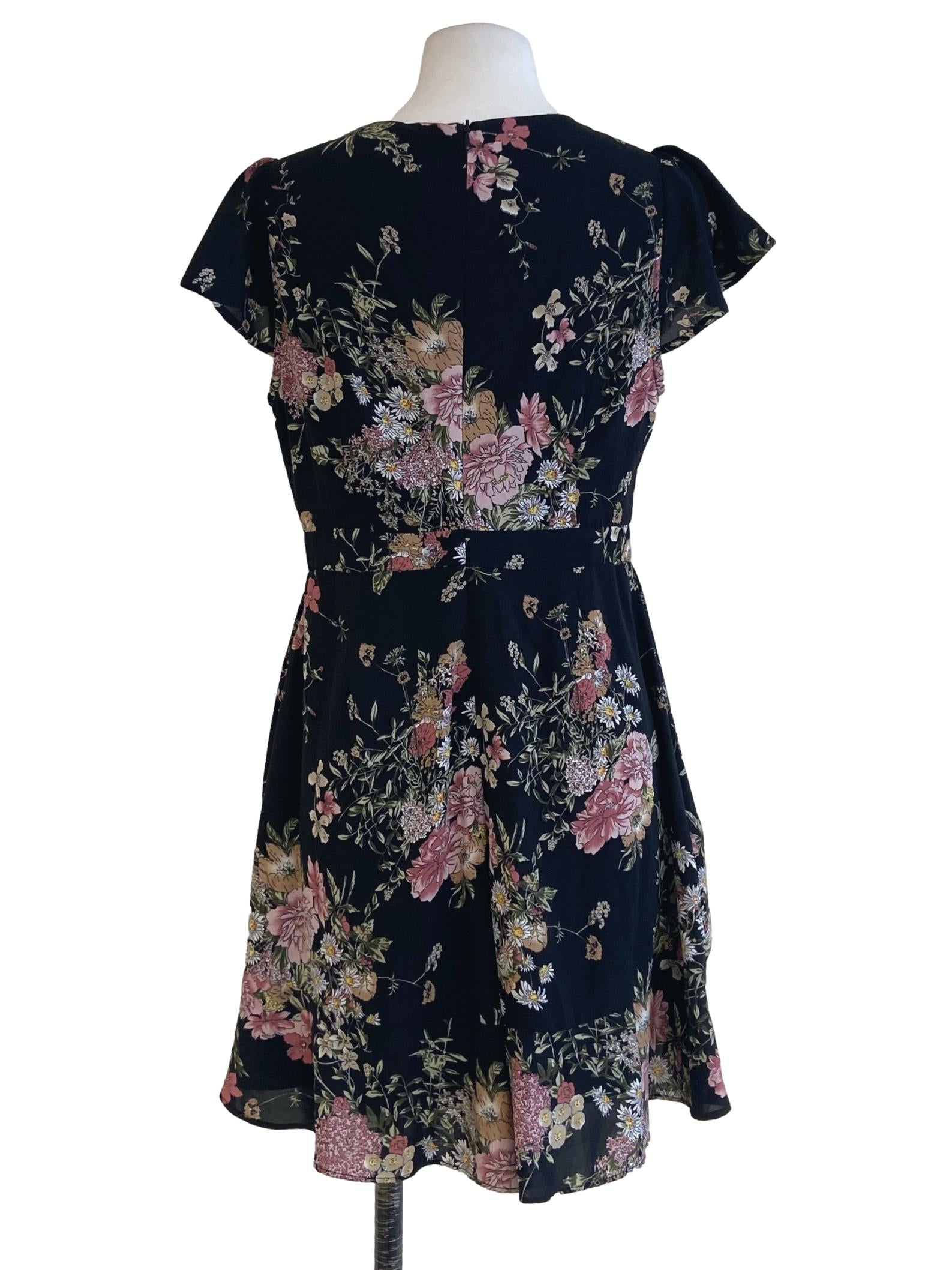 Black Floral Queen Anne Neck Dress