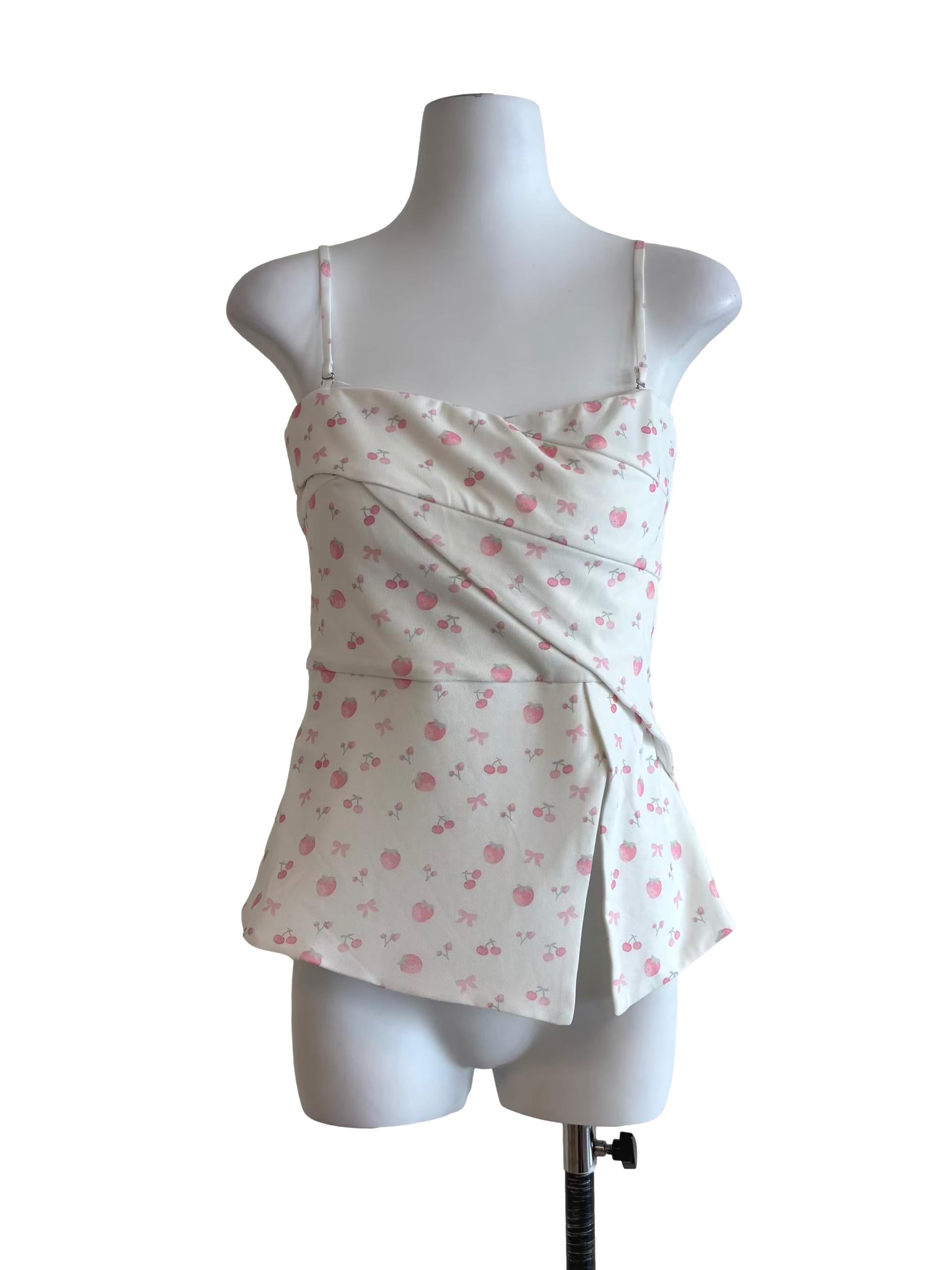 Pearl White Strawberry Print Peplum Top