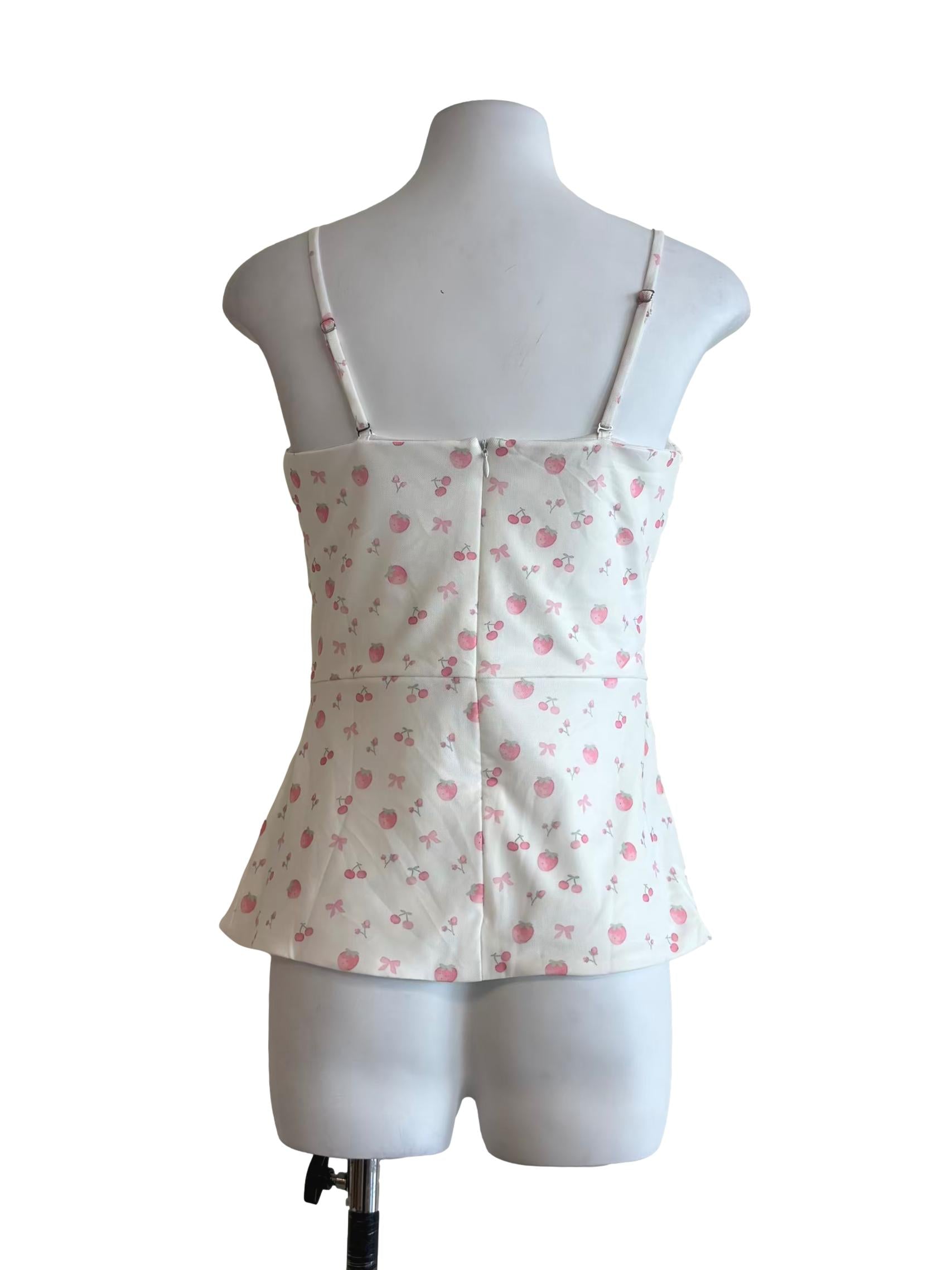 Pearl White Strawberry Print Peplum Top
