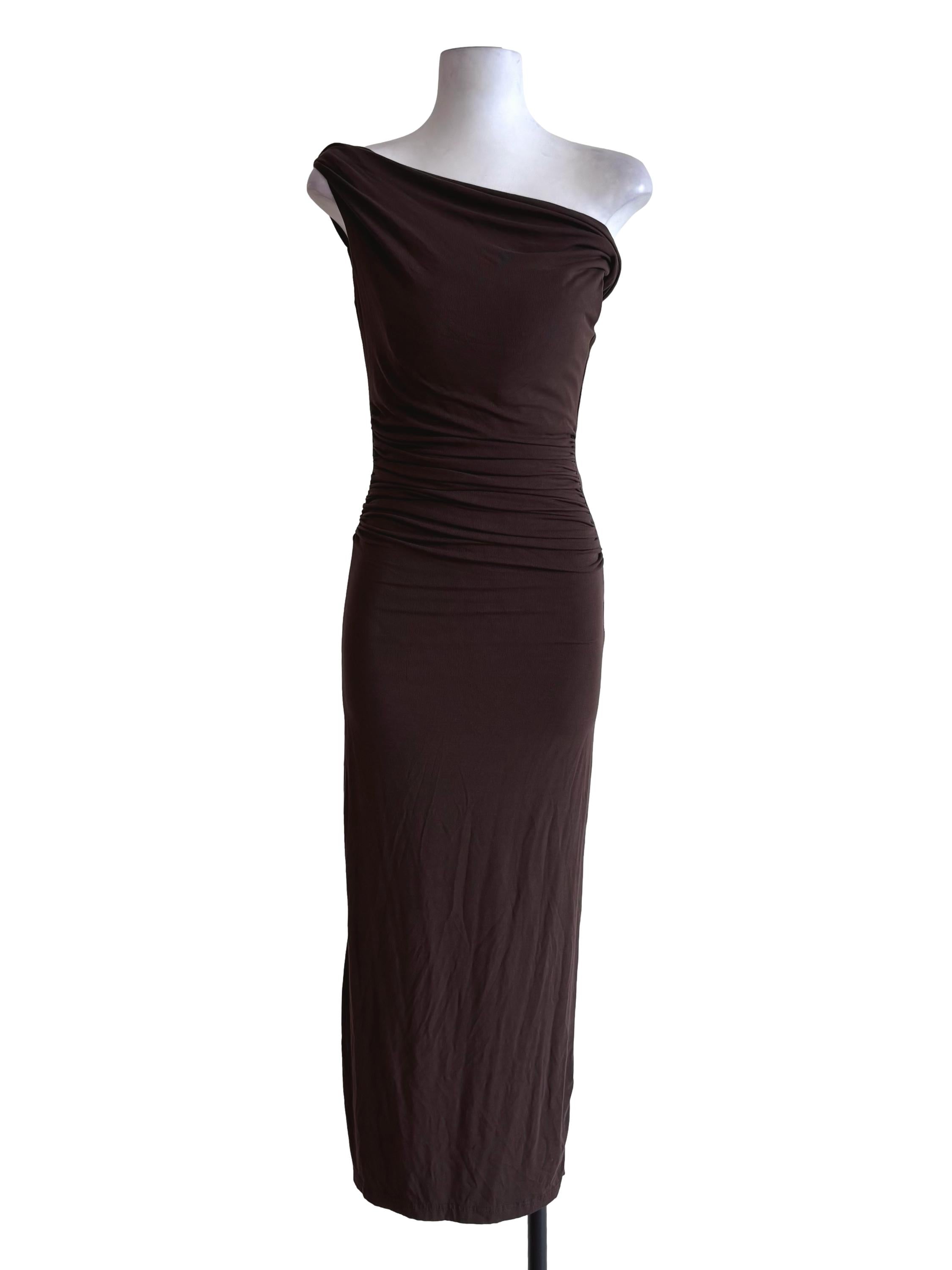 Dark Brown Asymmetric Neck Fitted Dress