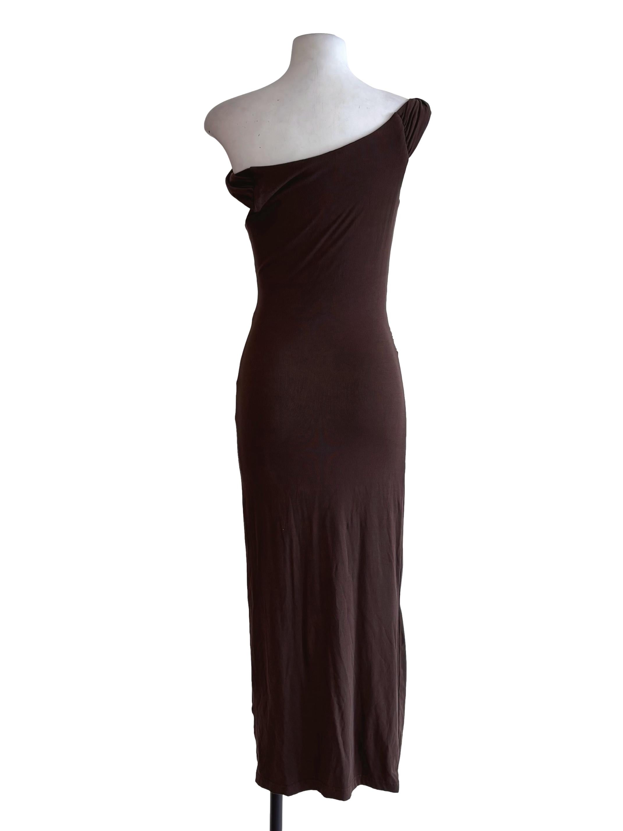 Dark Brown Asymmetric Neck Fitted Dress