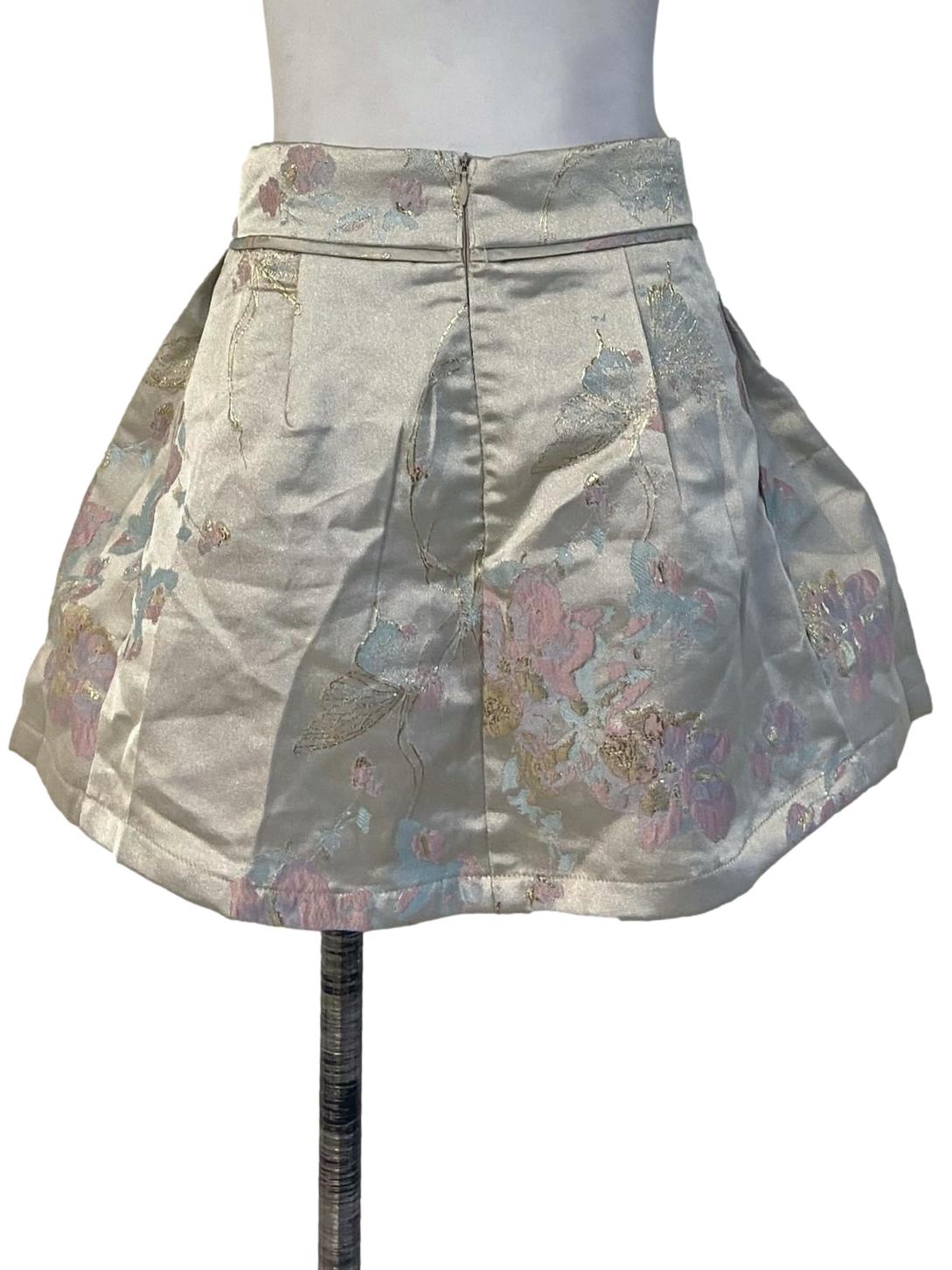 Cream Beige Floral Brocade Mini Skirt