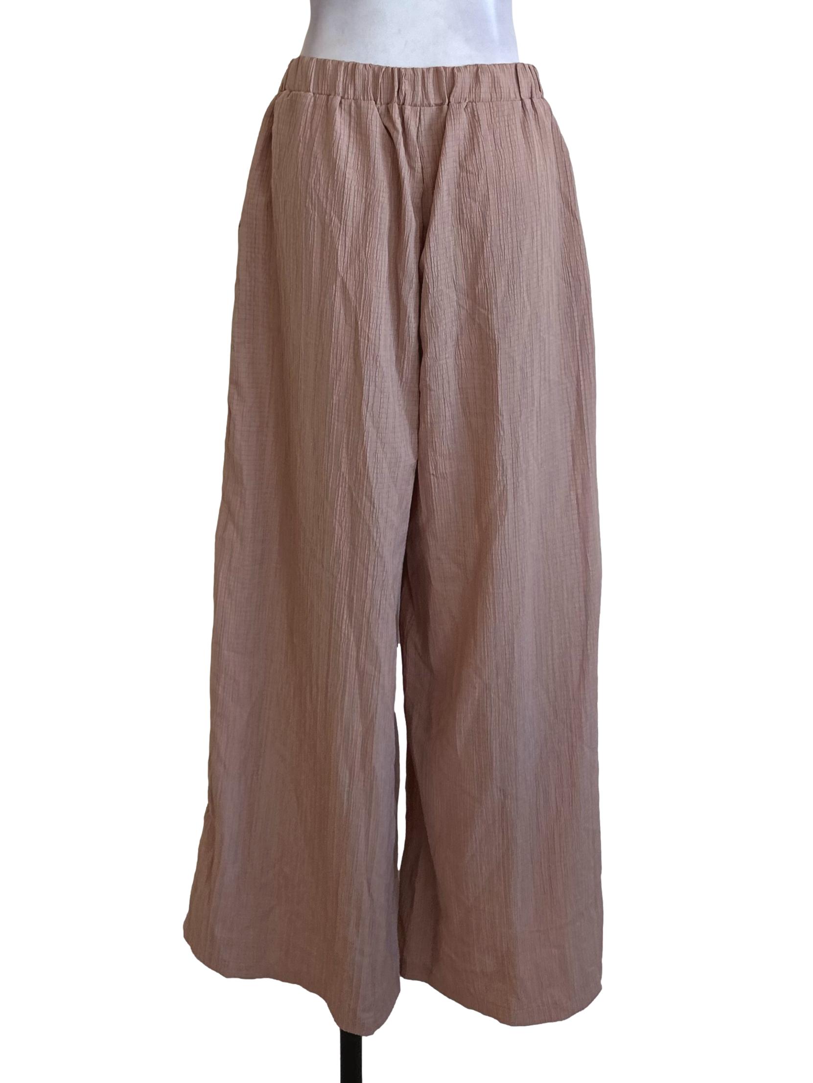 Dusty Pink Elastic Waist Textured Palazzo