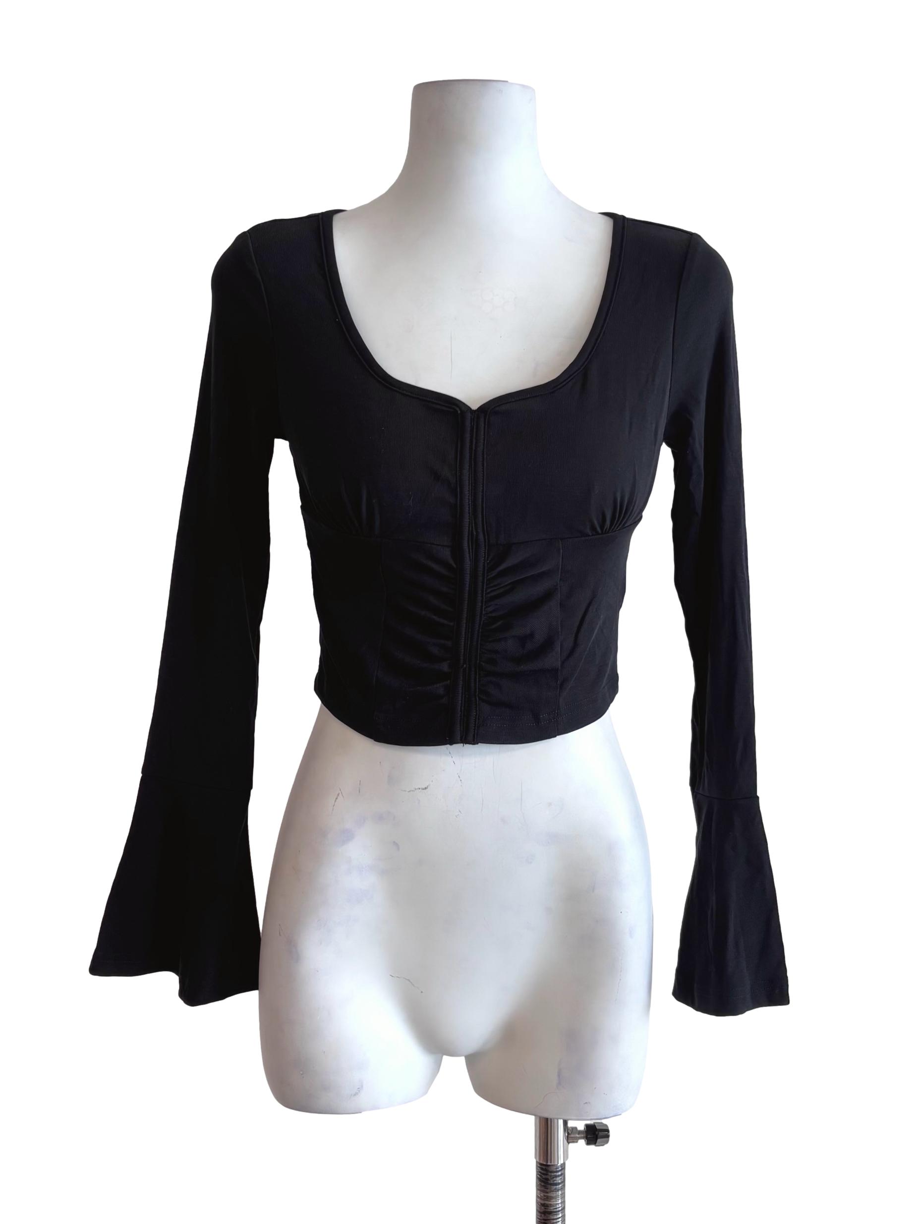 Black Panelled Long Sleeve Crop Top