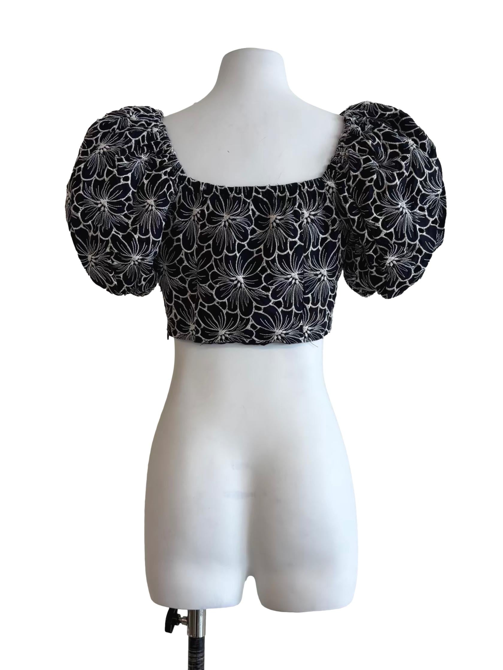 Midnight Blue Puff Sleeve Embroidered Top