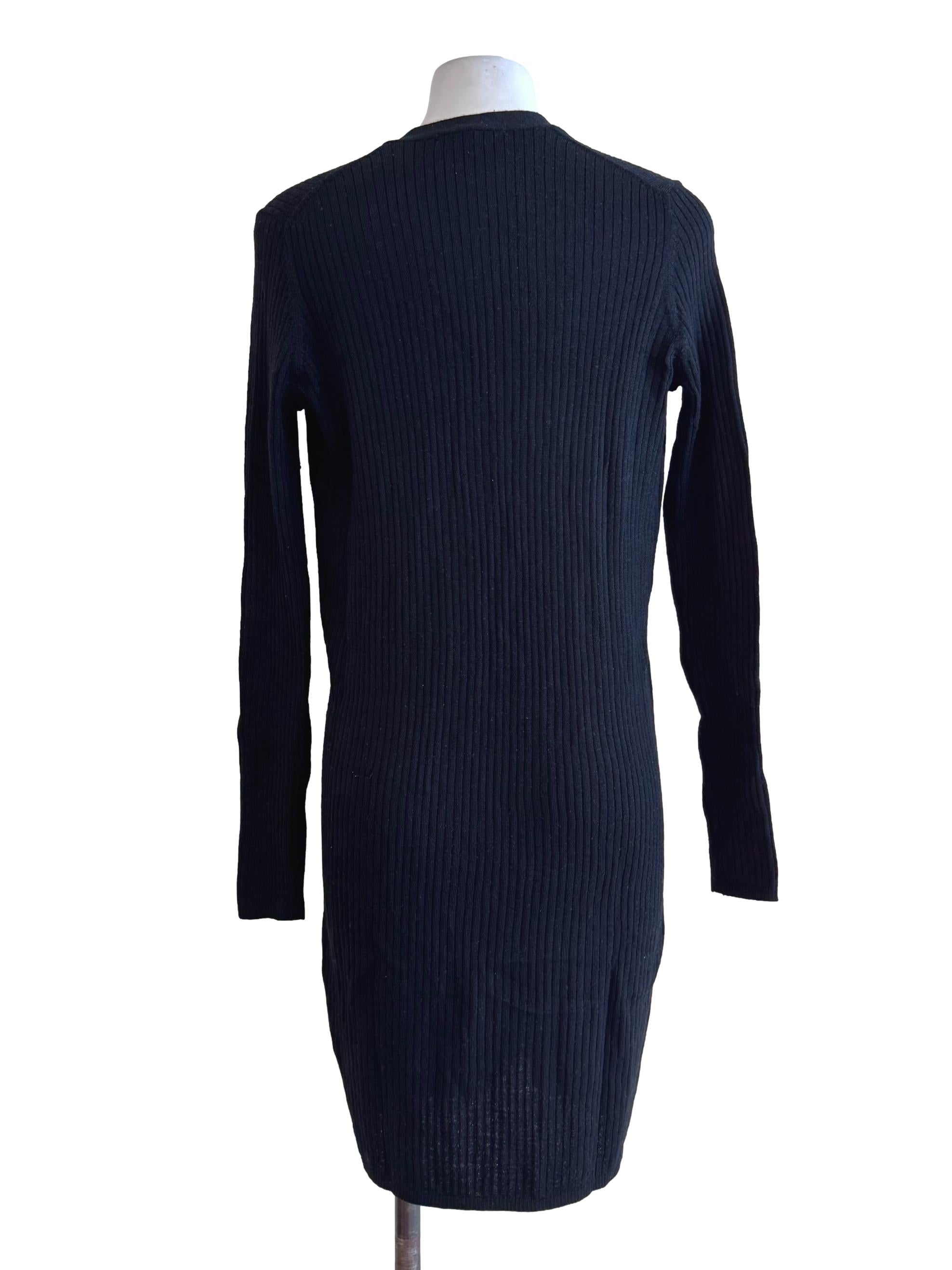 Black Buttoned V Neck Long Sleeve Dress