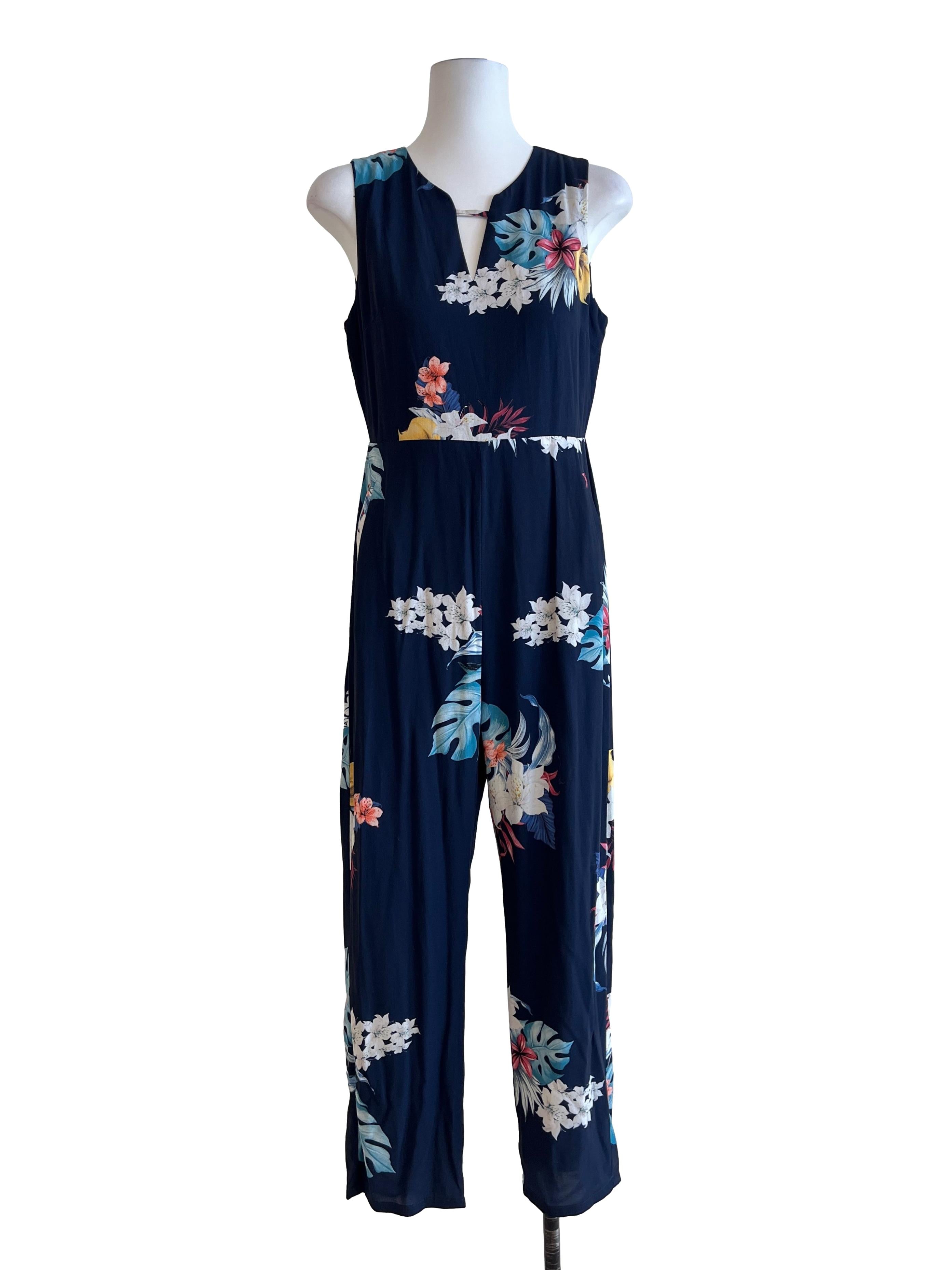 Peacock Blue Floral Print Sleeveless Jumpsuit