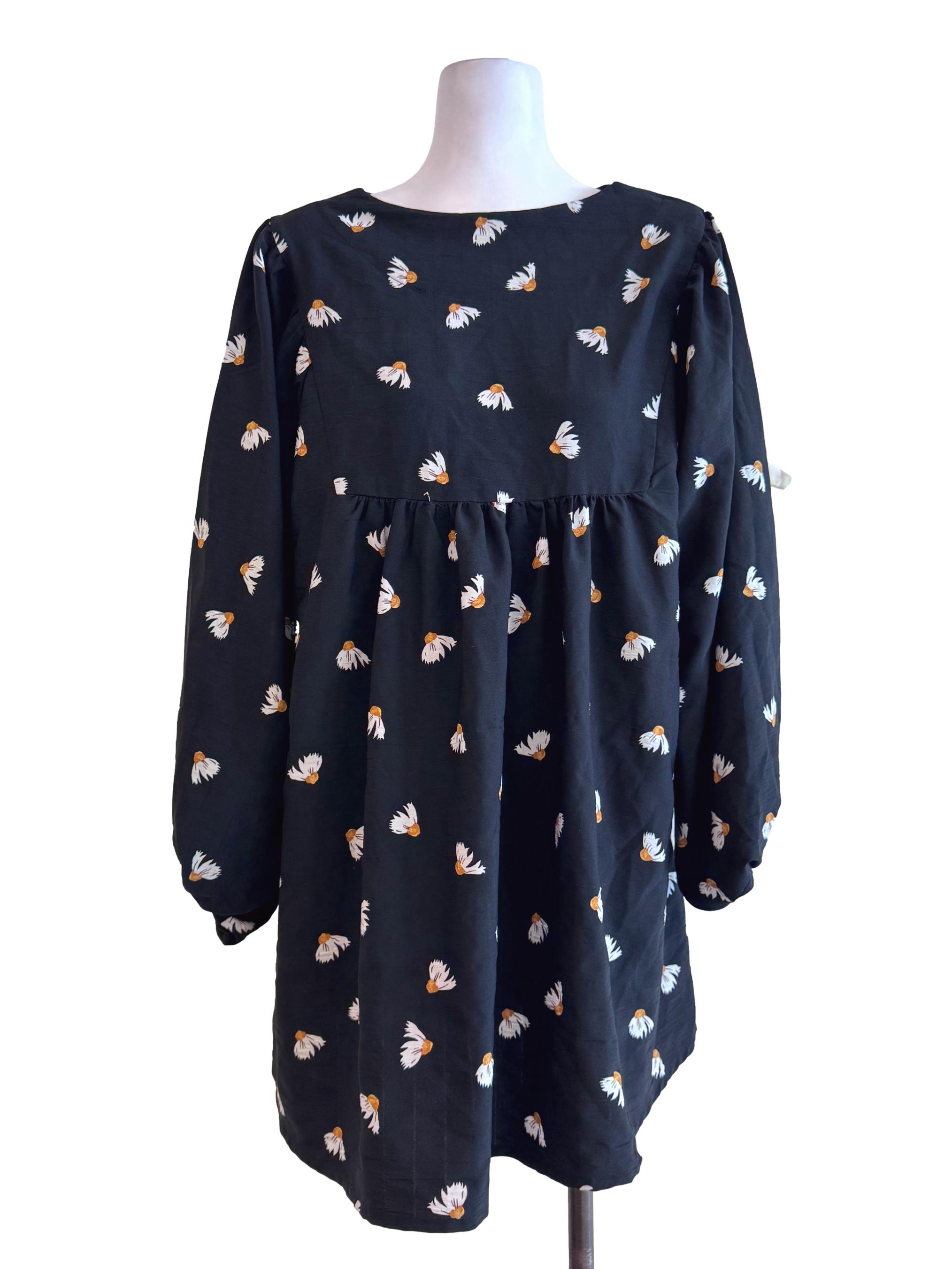 Black Floral Print Babydoll Dress