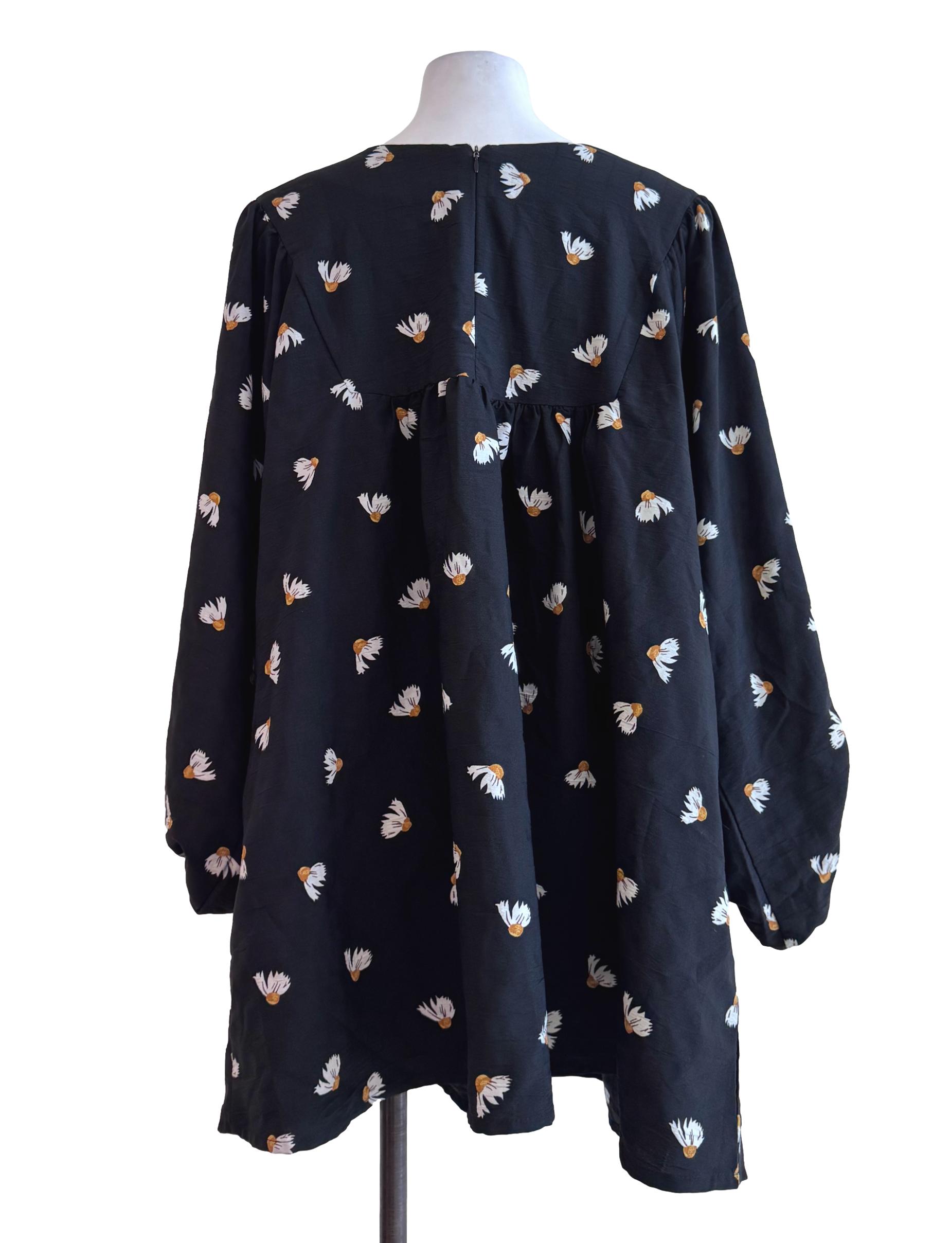 Black Floral Print Babydoll Dress