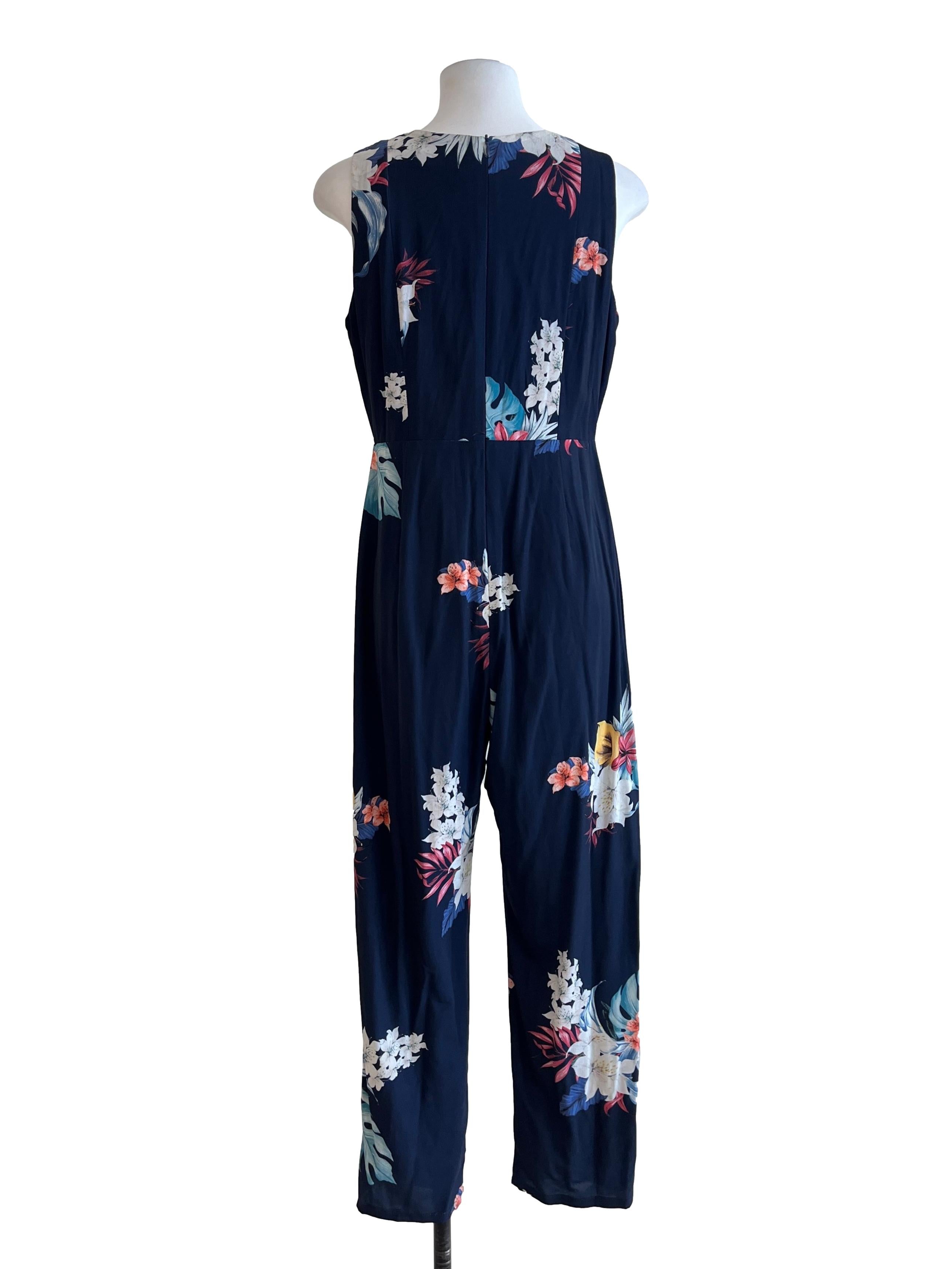 Peacock Blue Floral Print Sleeveless Jumpsuit