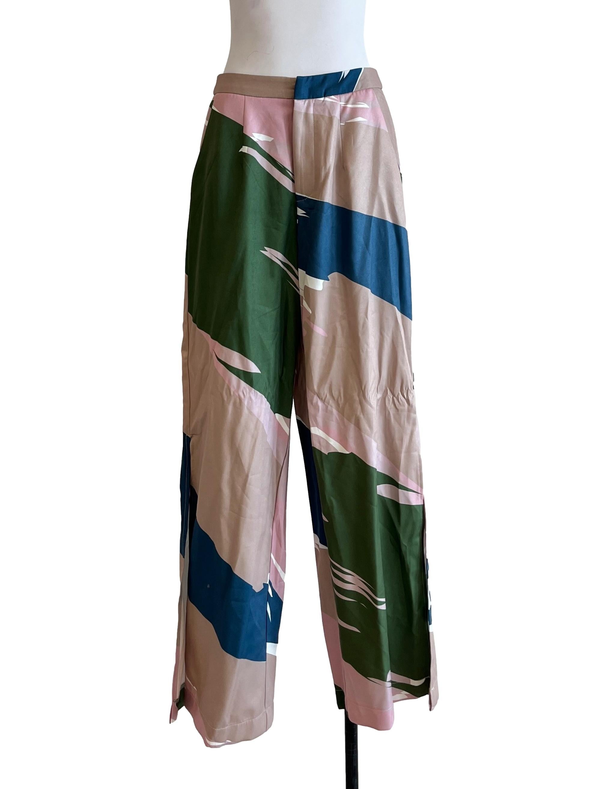 Beige Multicolour Print Wide Leg Pants