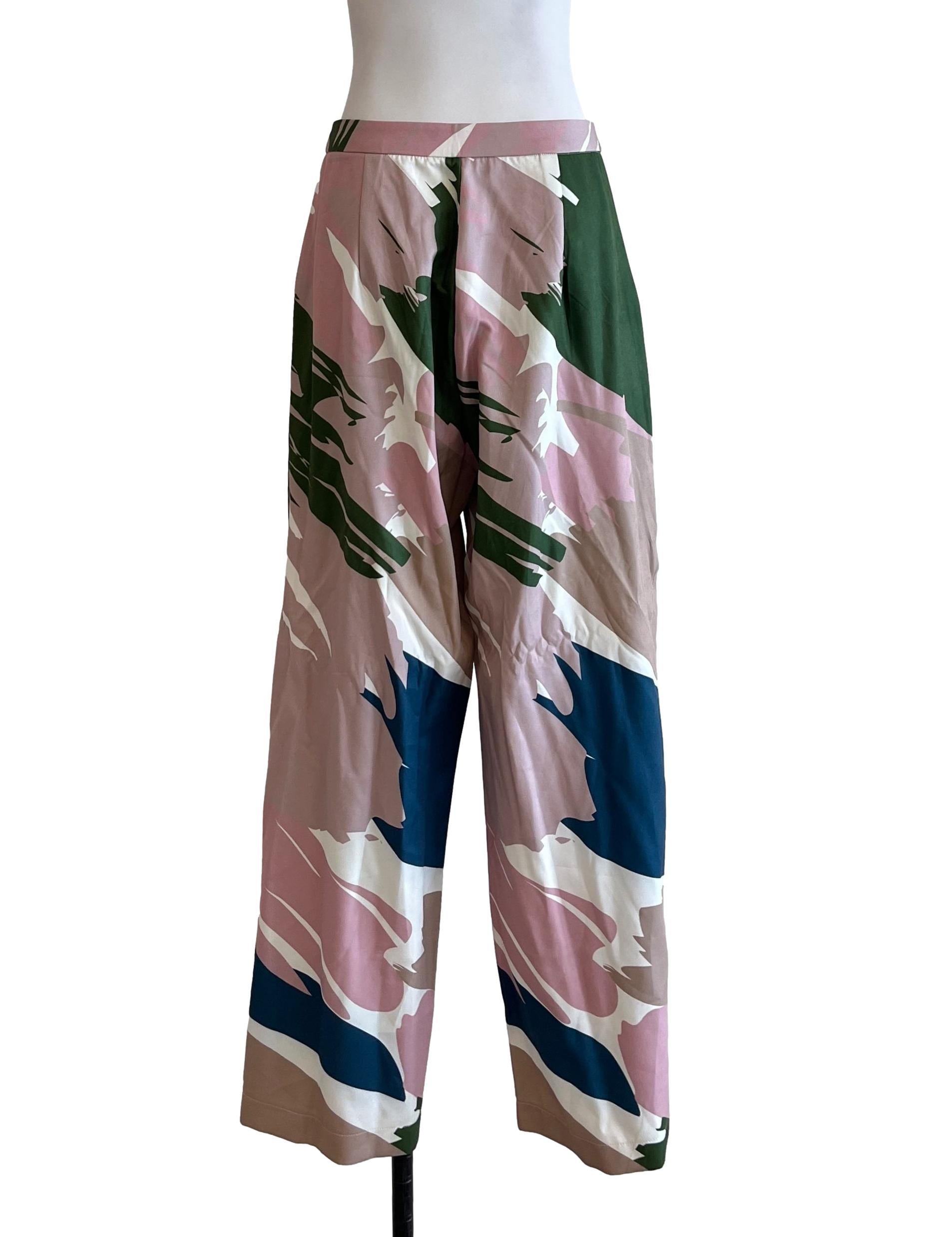 Beige Multicolour Print Wide Leg Pants