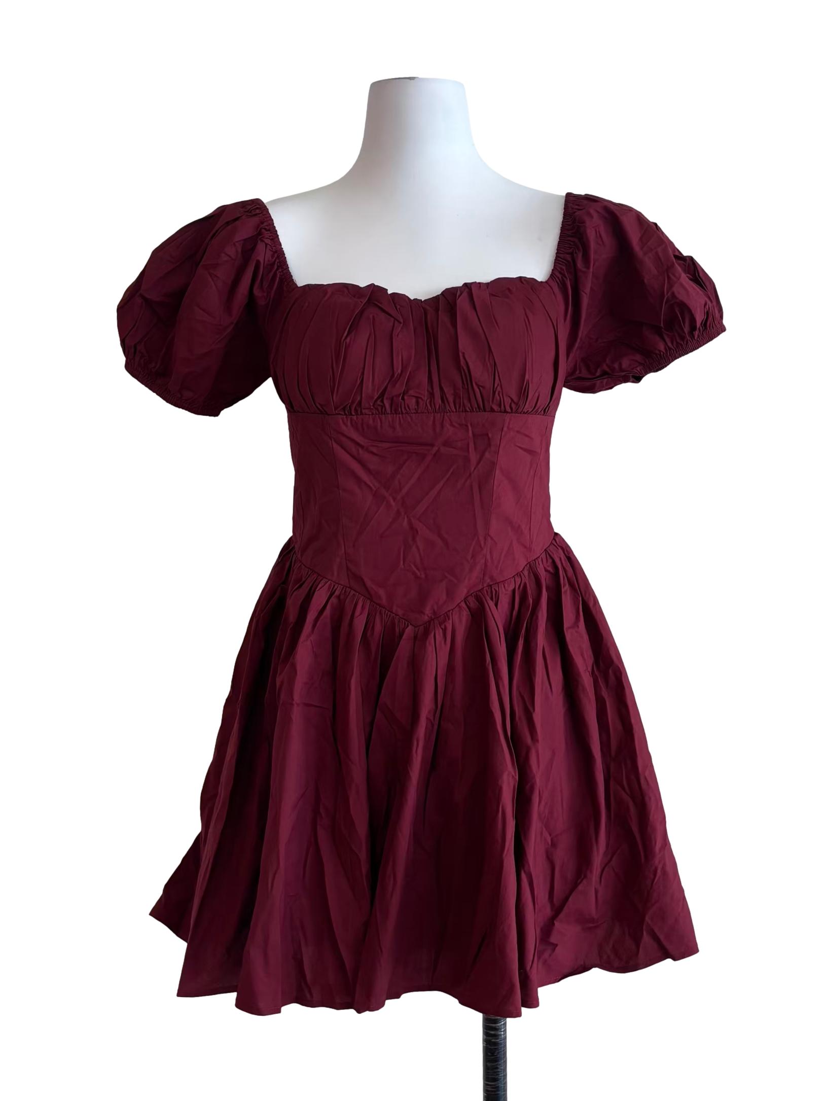 Maroon Puff Sleeve Mini Sabrina Dress
