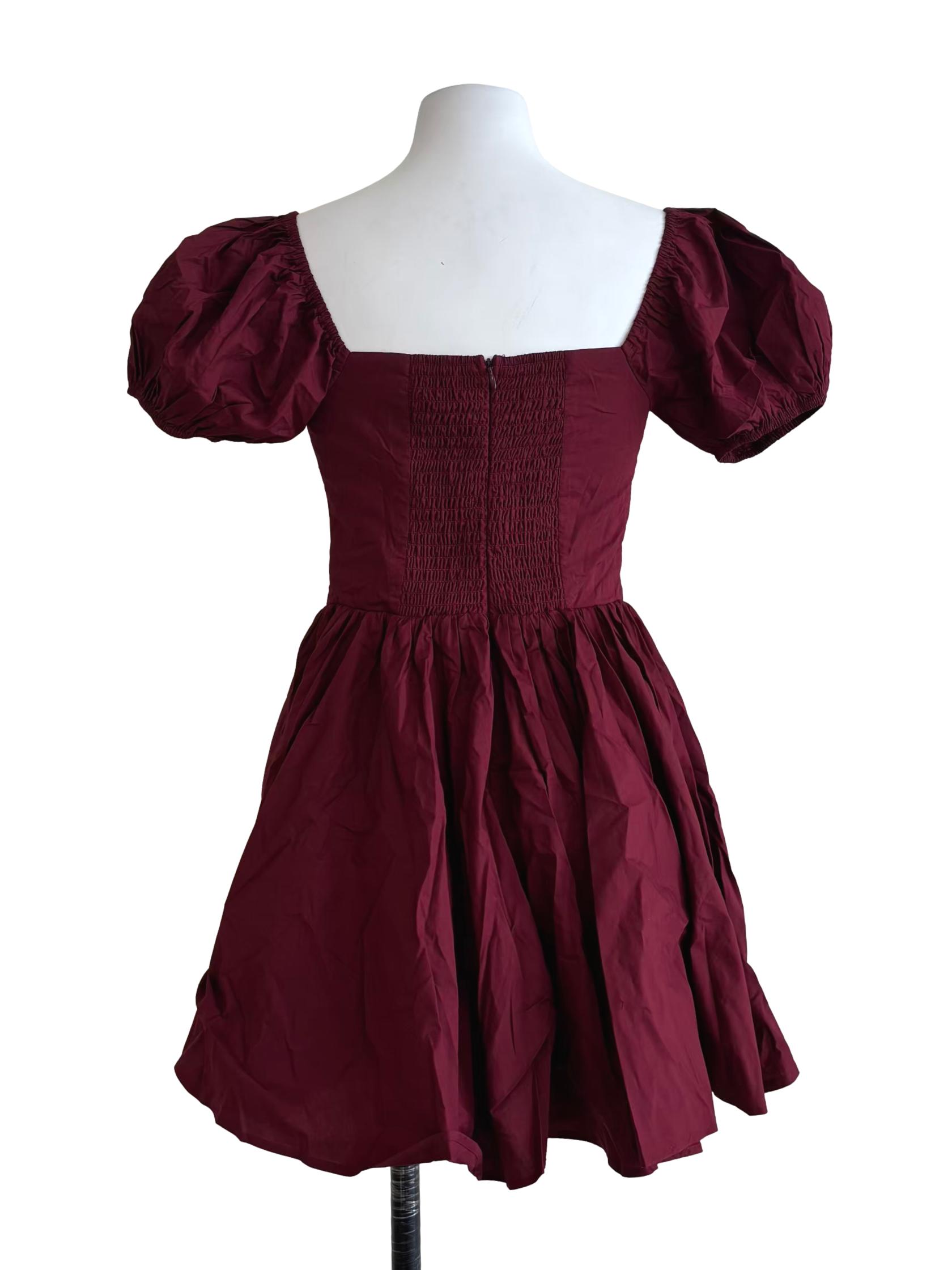 Maroon Puff Sleeve Mini Sabrina Dress