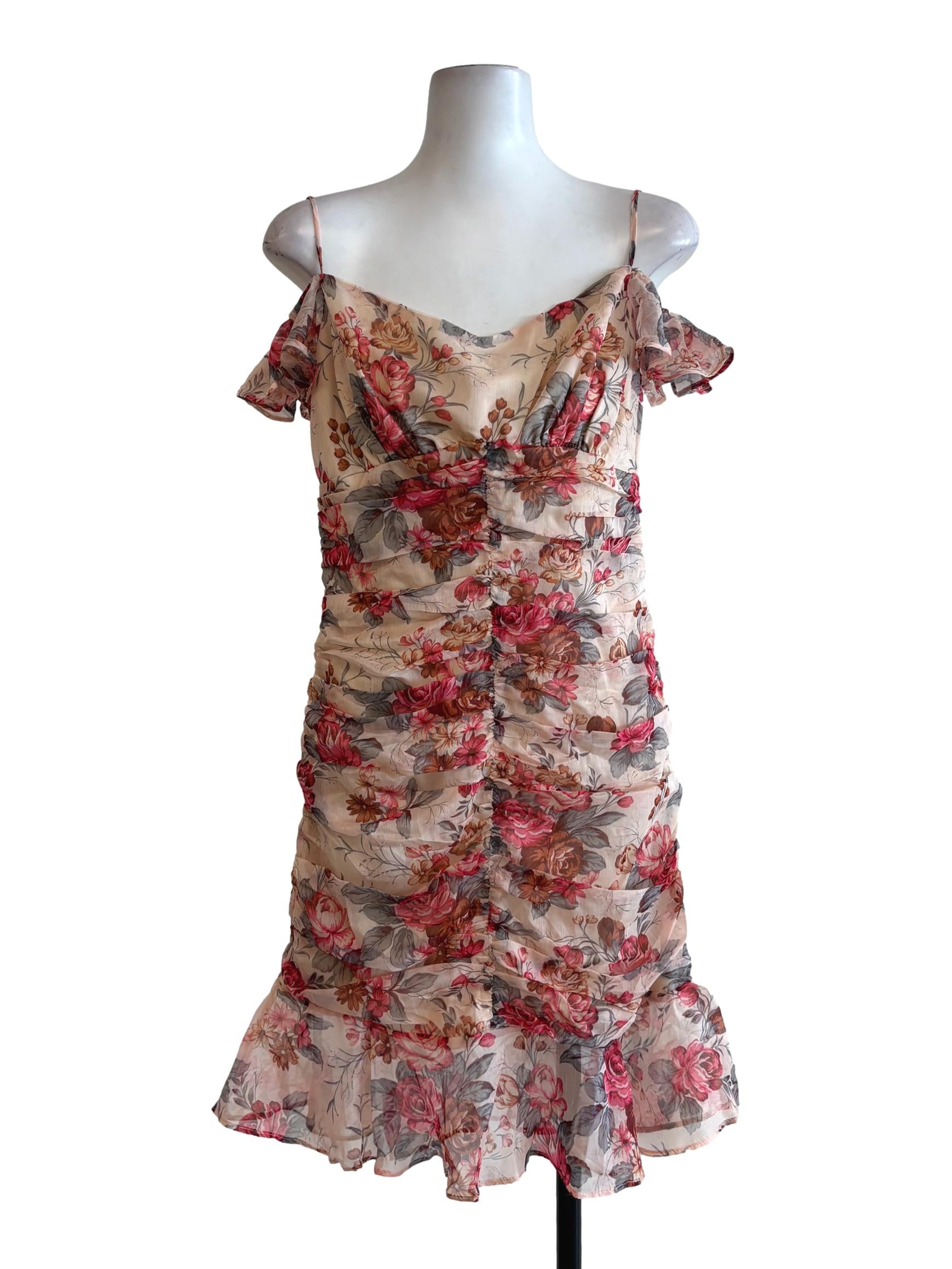 Almond Beige Flower Print Bodycon Dress
