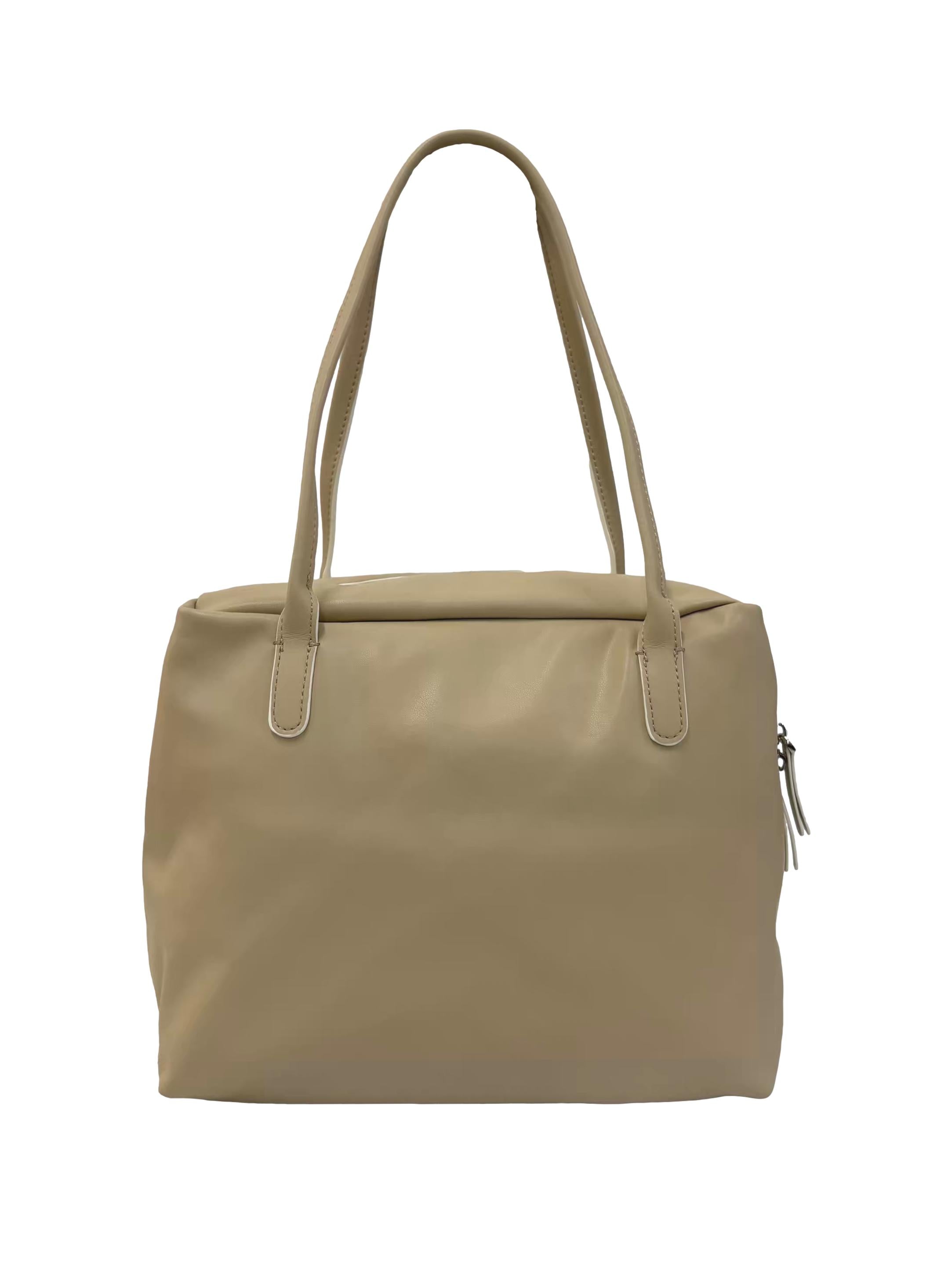 Beige Leather Bowler Shoulder Bag
