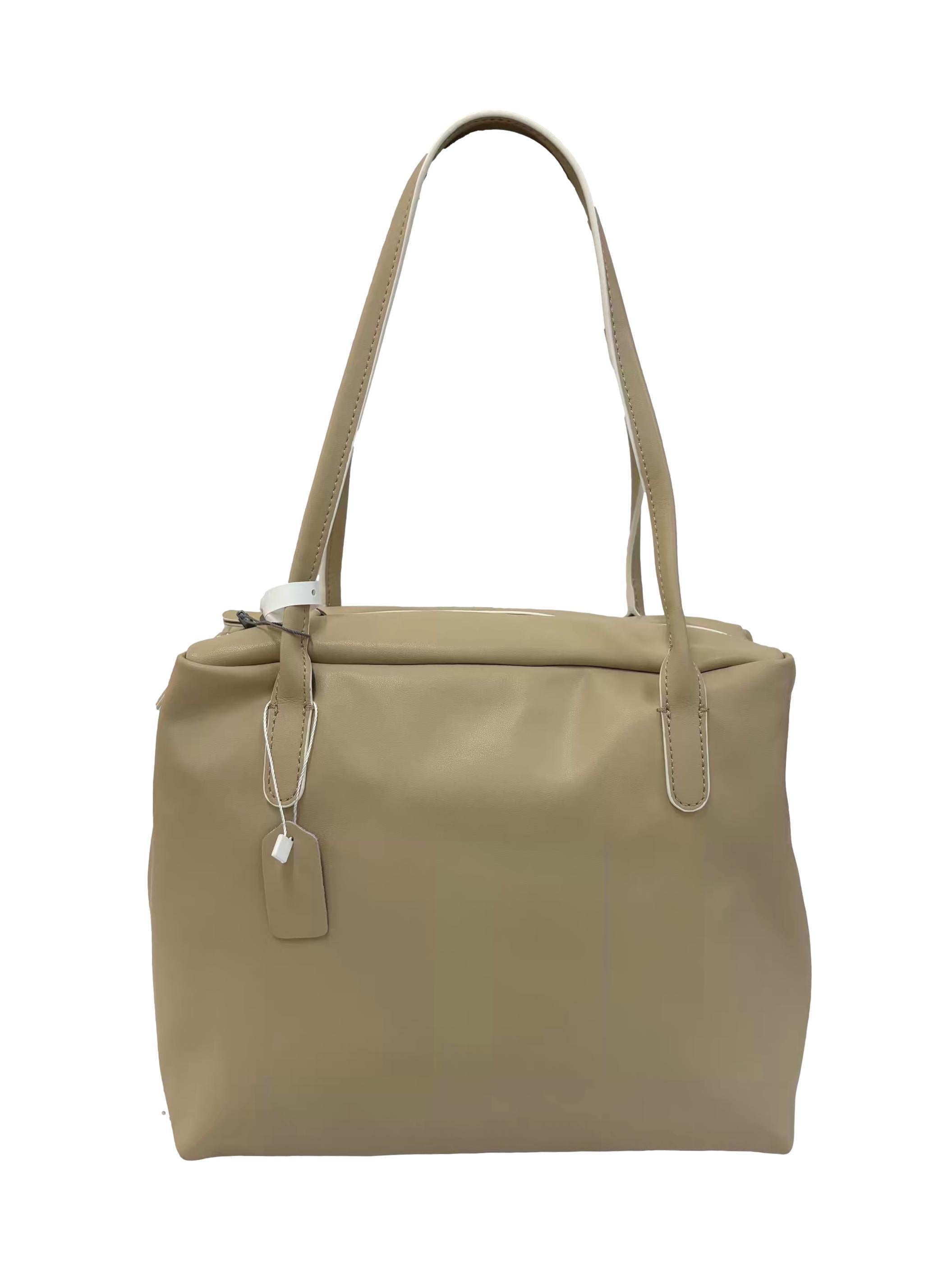Beige Leather Bowler Shoulder Bag