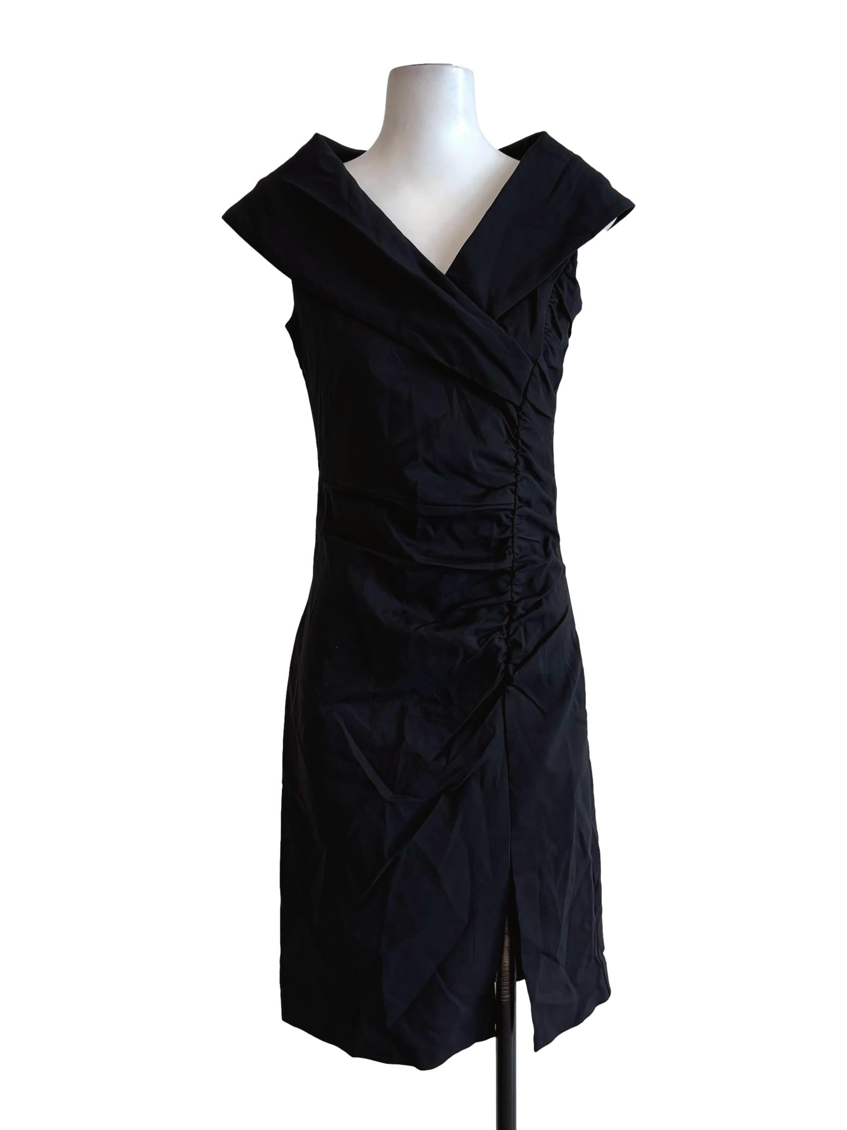 Jet Black Folded Collar Ruched Dress