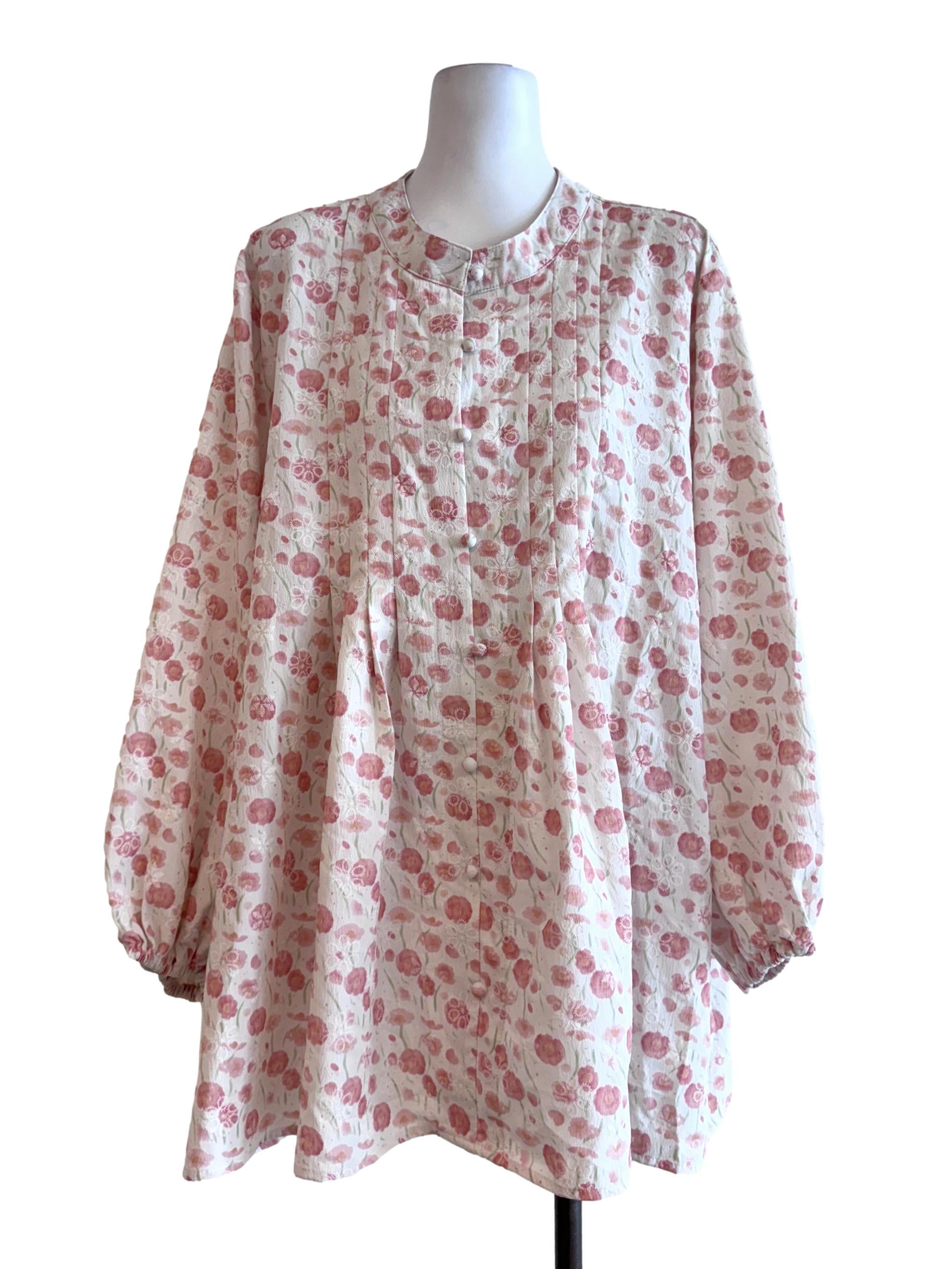 Cream White Floral Print Long Sleeve Oversize Blouse