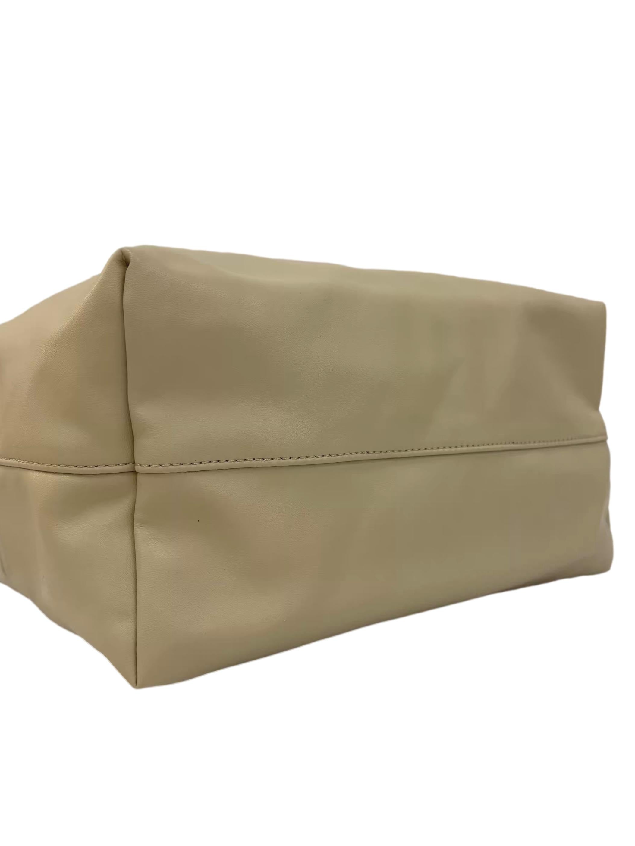 Beige Leather Bowler Shoulder Bag