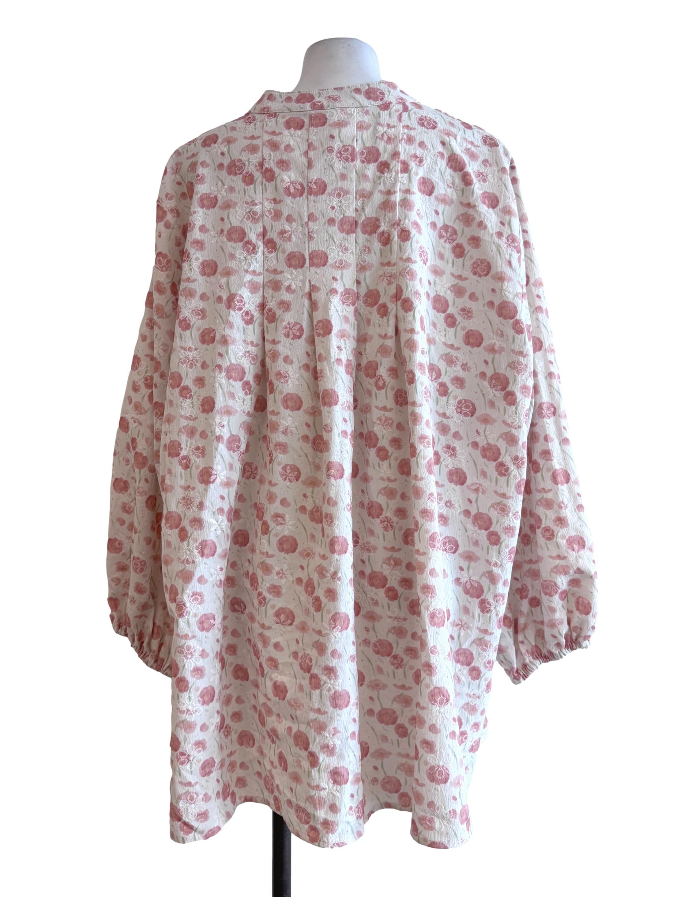 Cream White Floral Print Long Sleeve Oversize Blouse