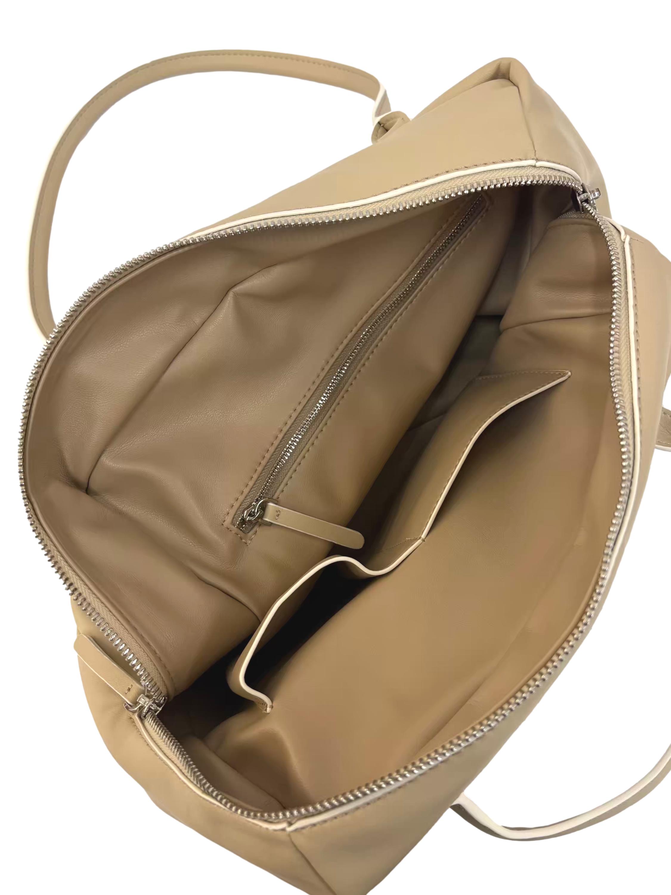 Beige Leather Bowler Shoulder Bag