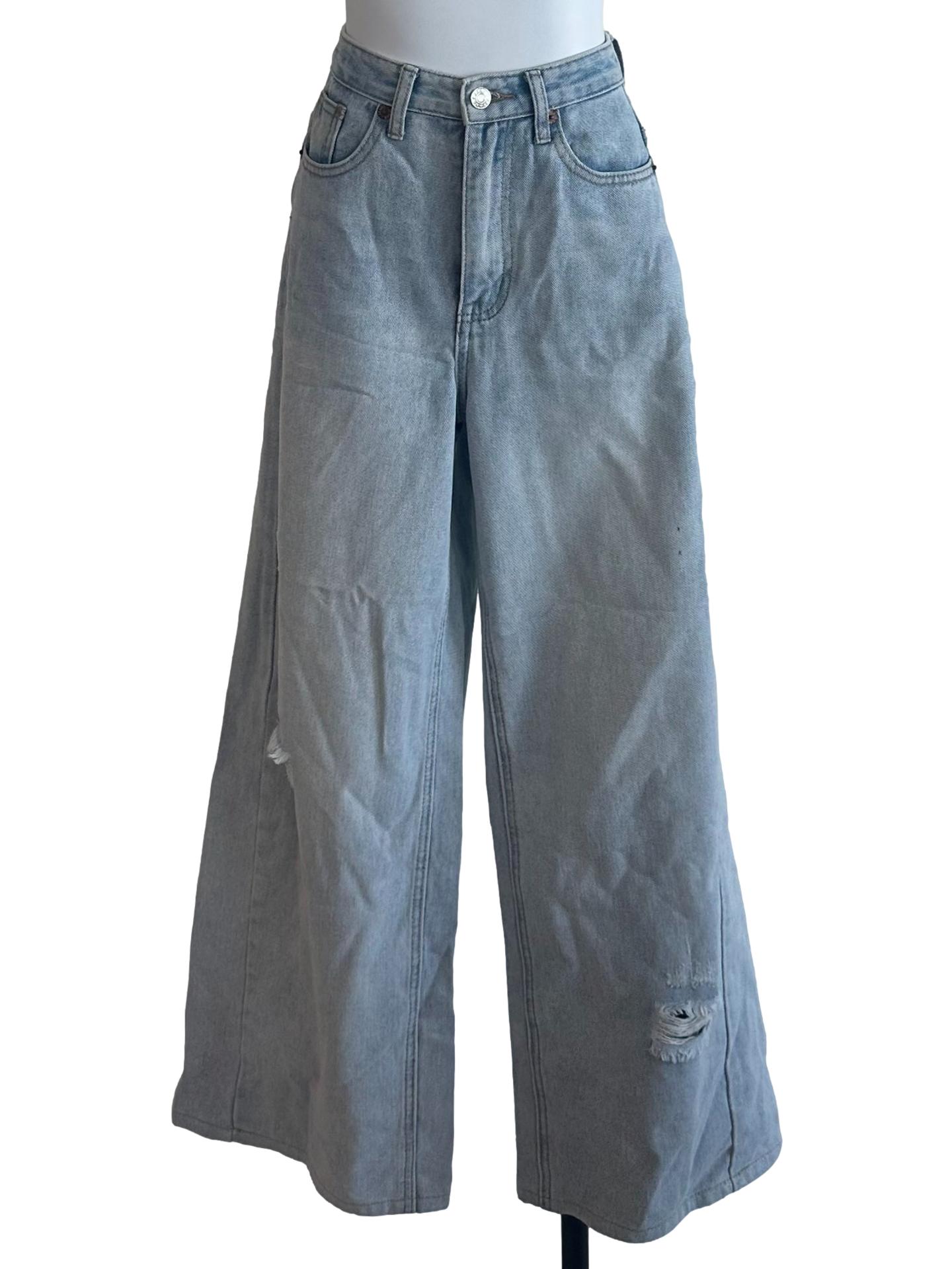 Ash Blue Denim Ripped Wide Leg Jeans