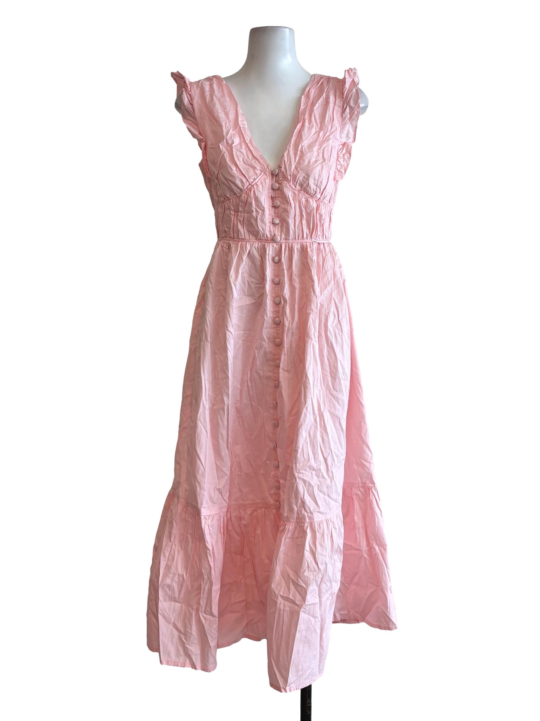Salmon Pink Sleeveless Button Cotton Dress