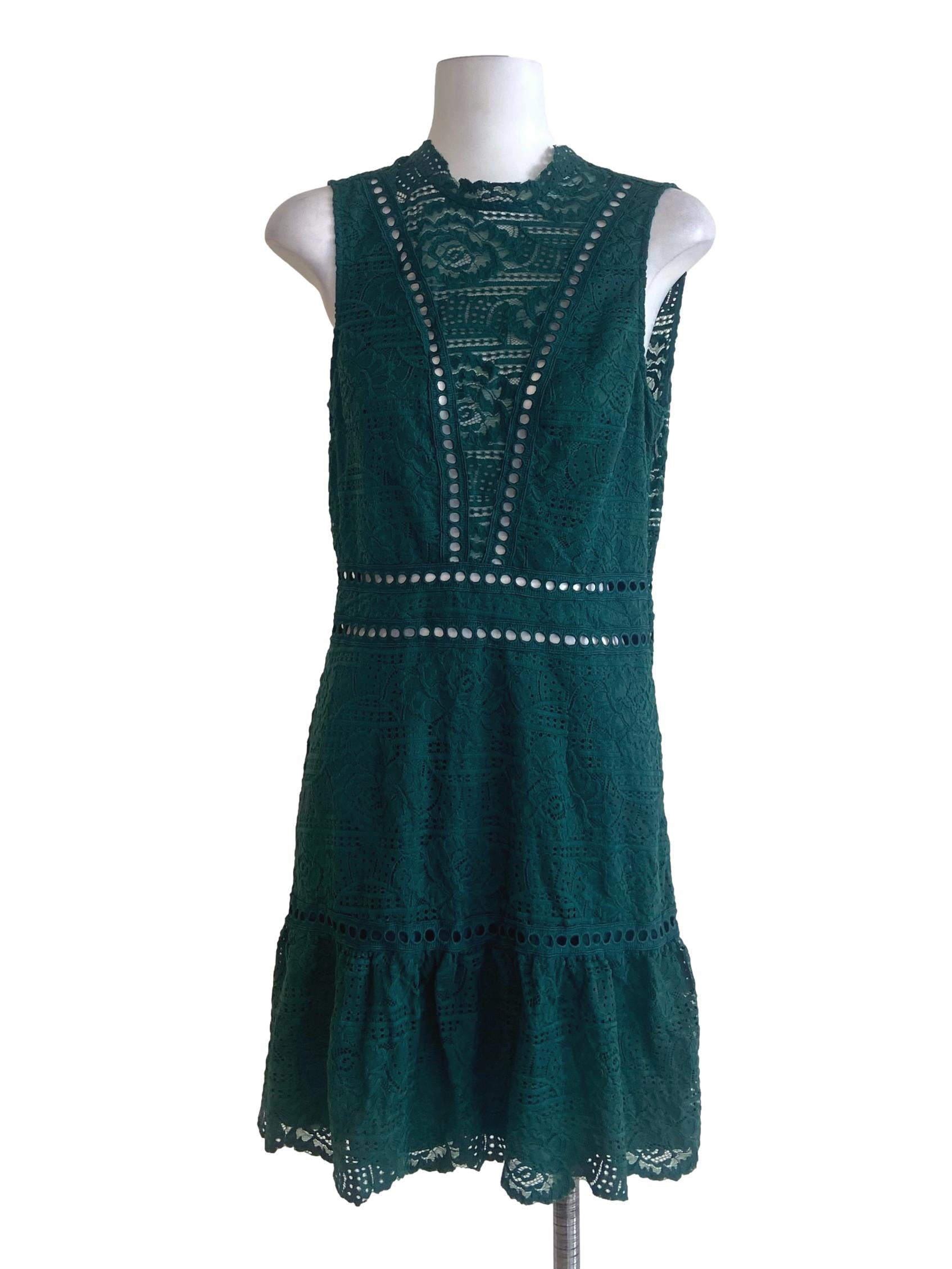 Emerald Green Floral Lace Drop Waist Dress