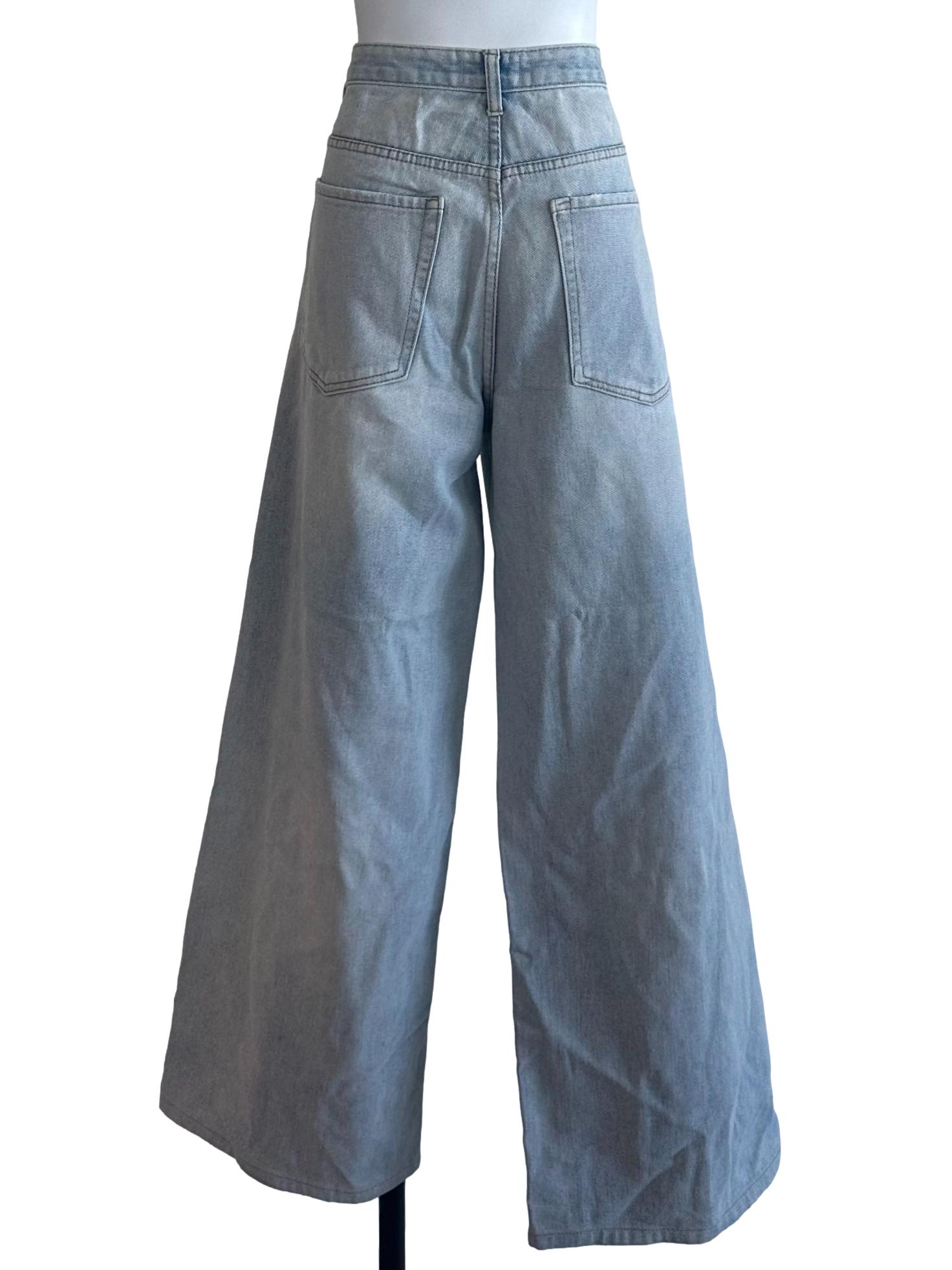 Ash Blue Denim Ripped Wide Leg Jeans