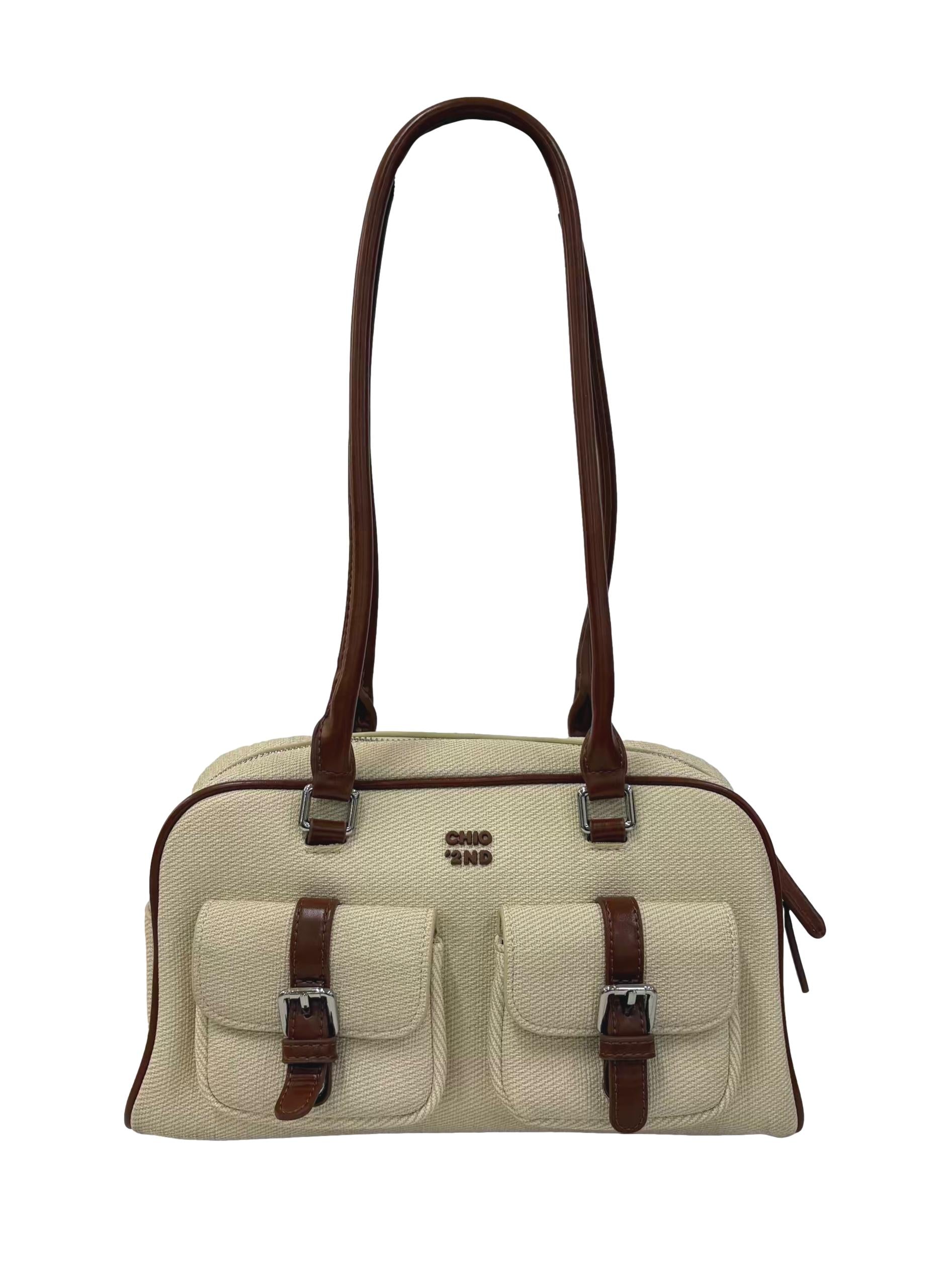 Beige Buckled Pocket Shoulder Bag