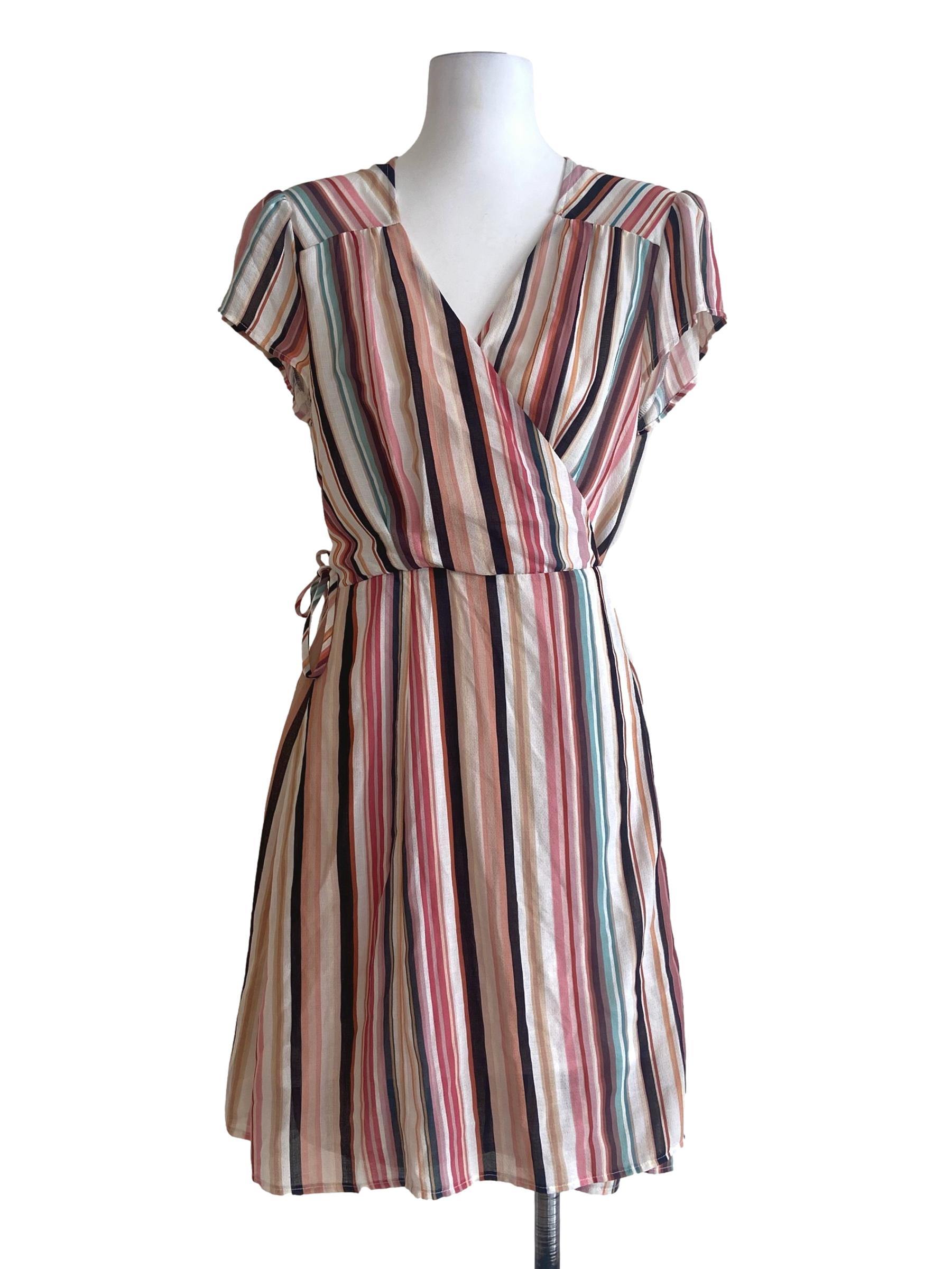 White & Multicolor Stripe Wrap Dress