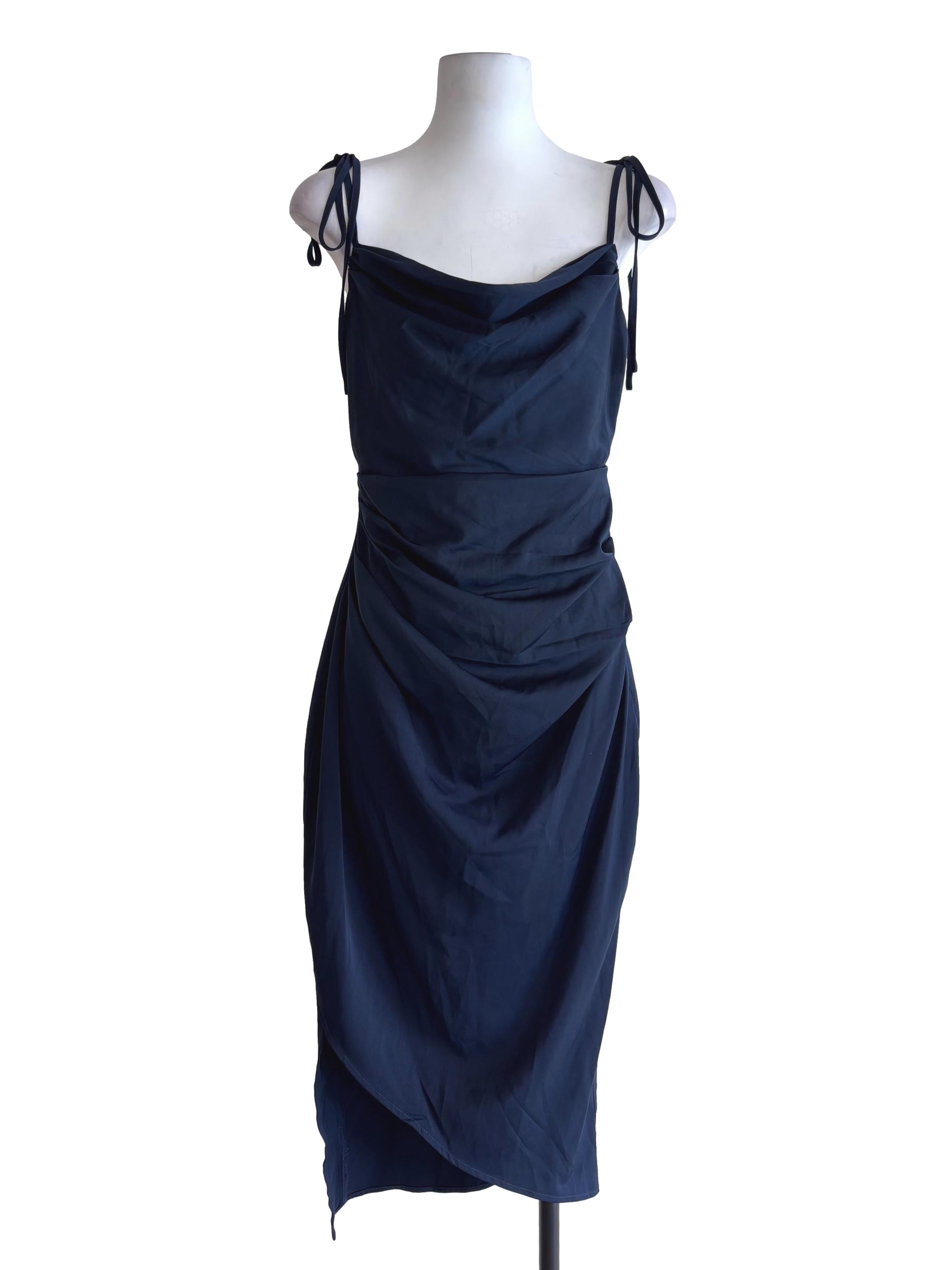 Navy Blue Cowl Neck Ruched Dress