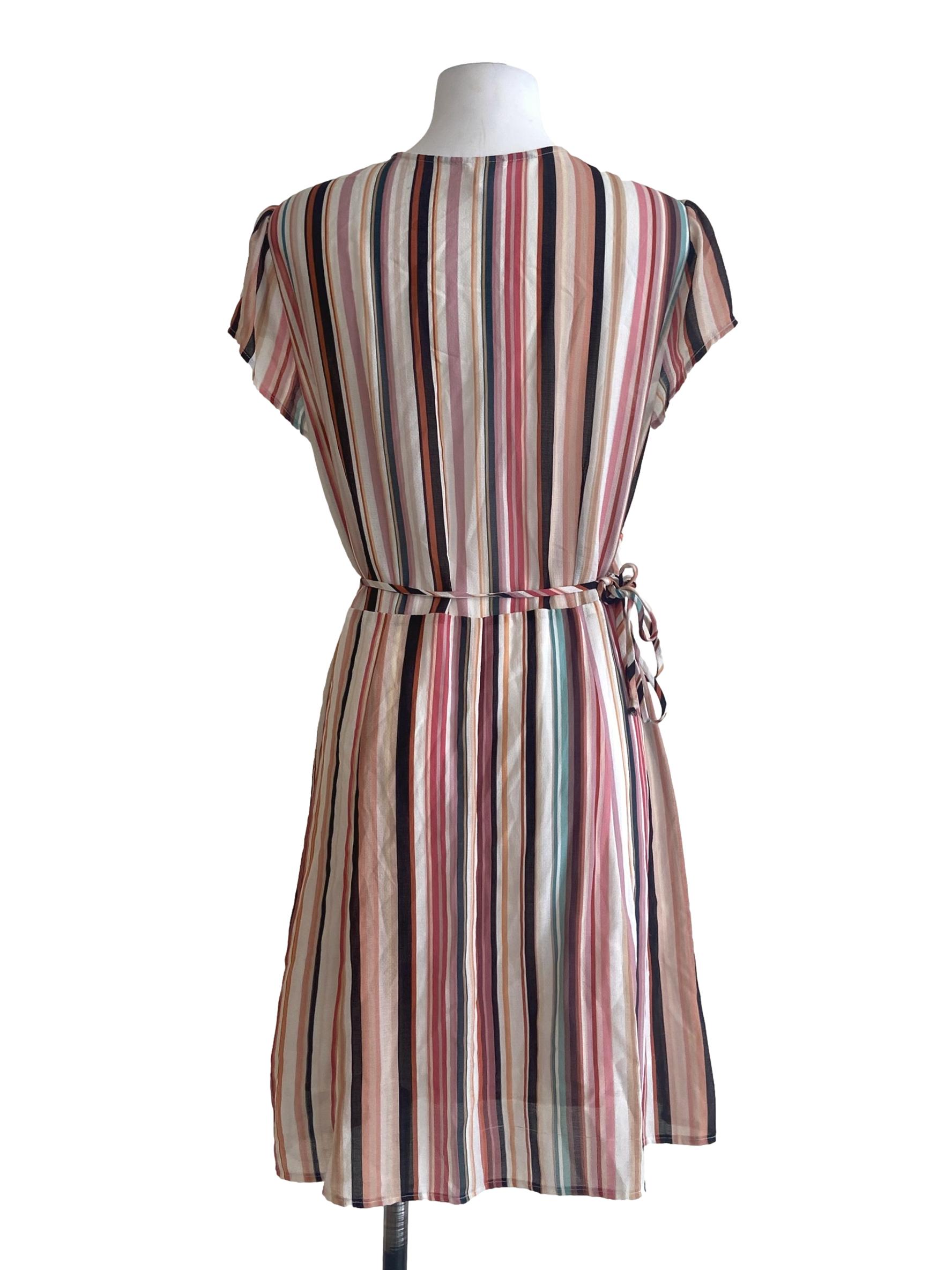 White & Multicolor Stripe Wrap Dress
