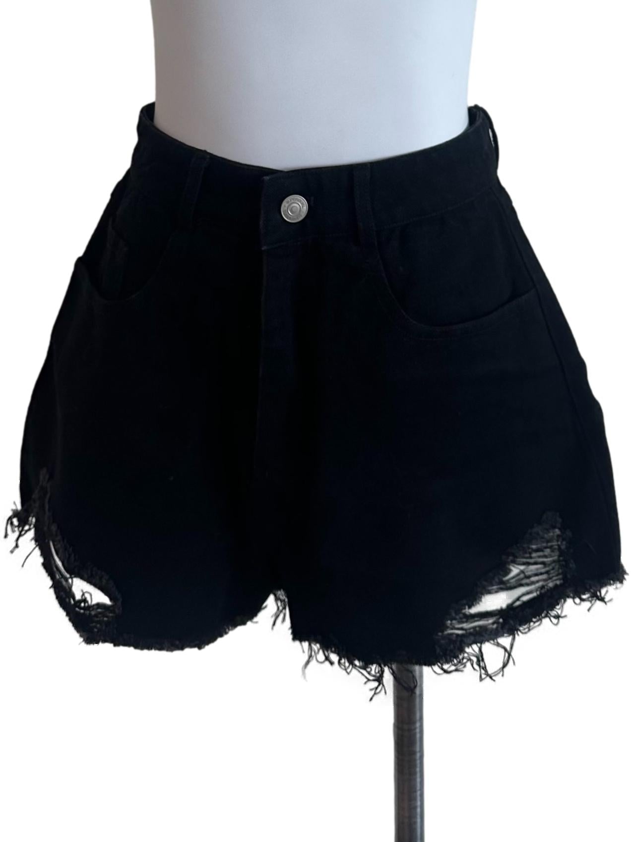 Rich Black Denim Ripped Shorts