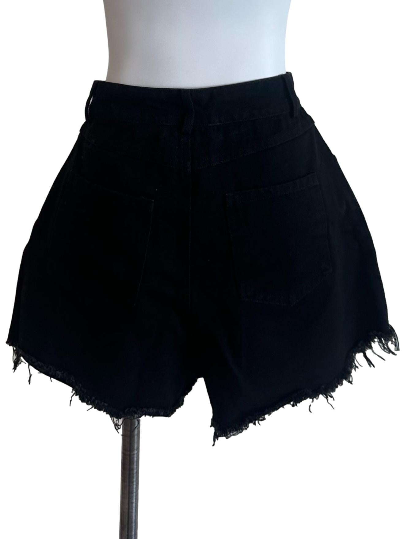 Rich Black Denim Ripped Shorts