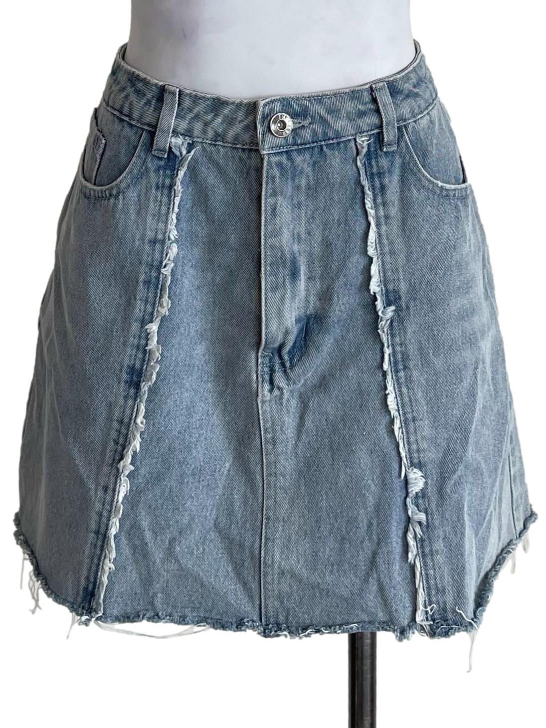 Stone Blue Distressed Denim Mini Skirt