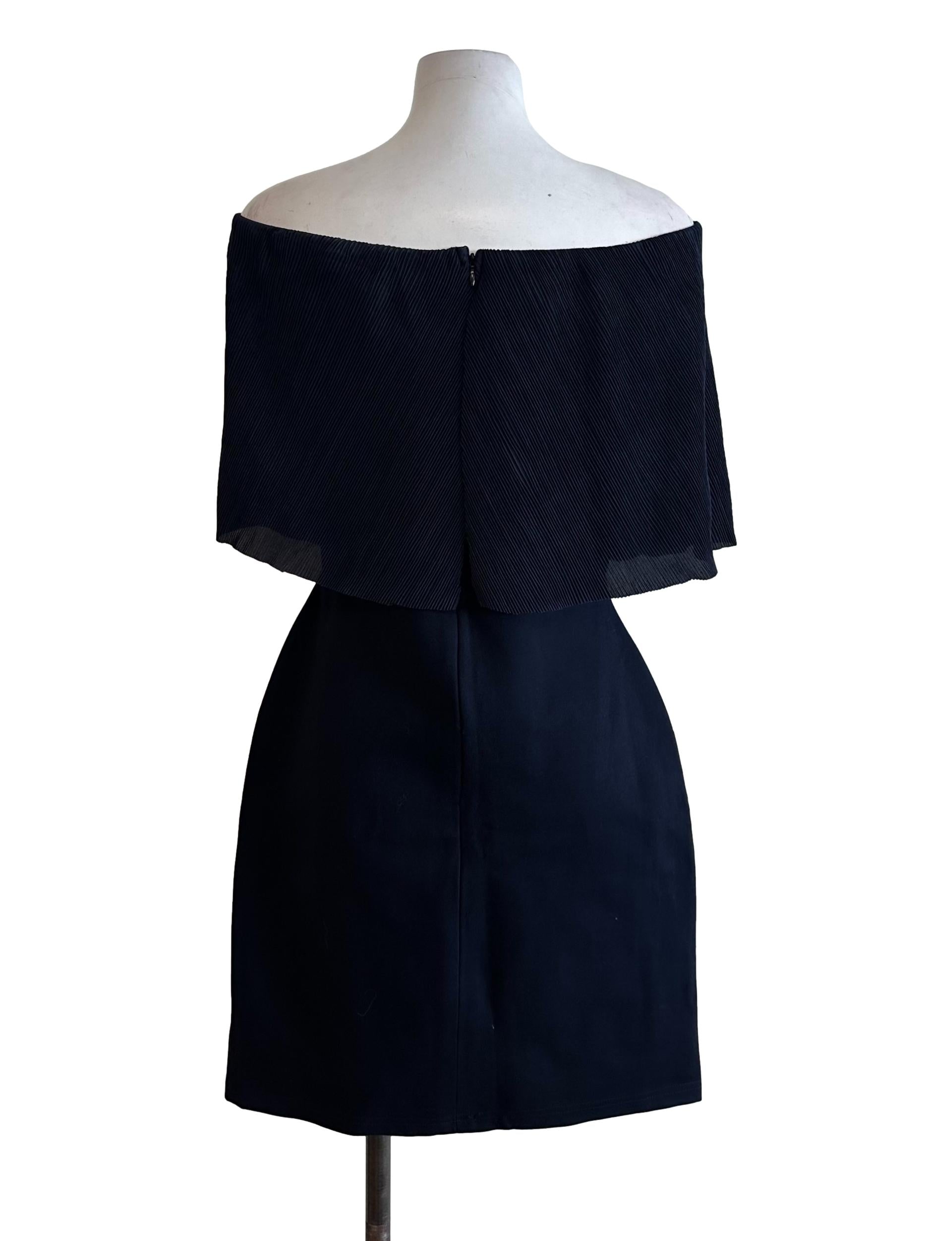 Navy Blue Cape Pleated Off Shoulder Dress