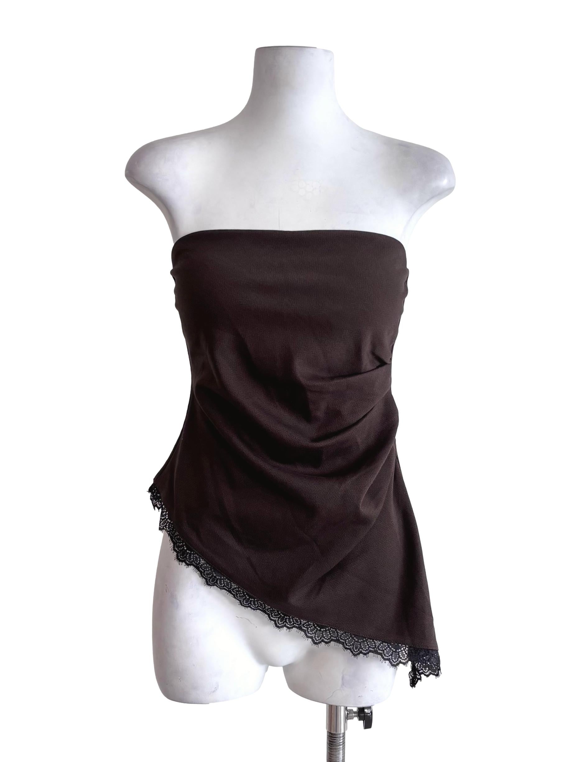 Espresso Charlyn Padded Ruched Lace Asymmetrical Hem Tube Top