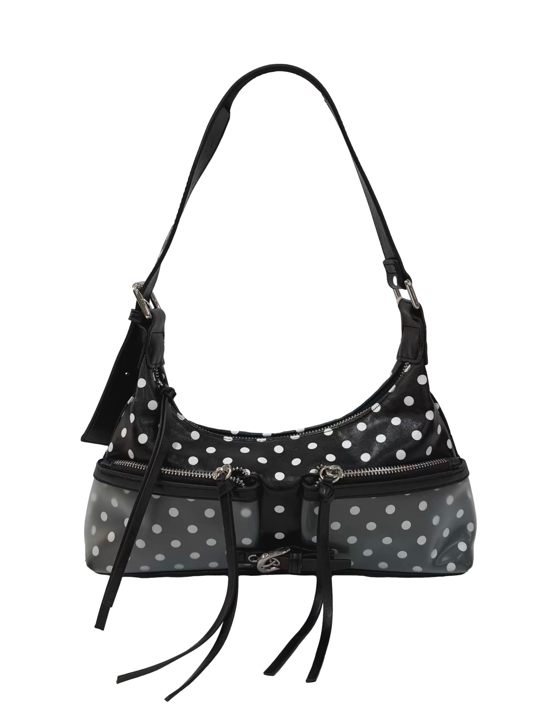 Black Polka Dots Leather Tassel Lock Baguette Shoulder Bag