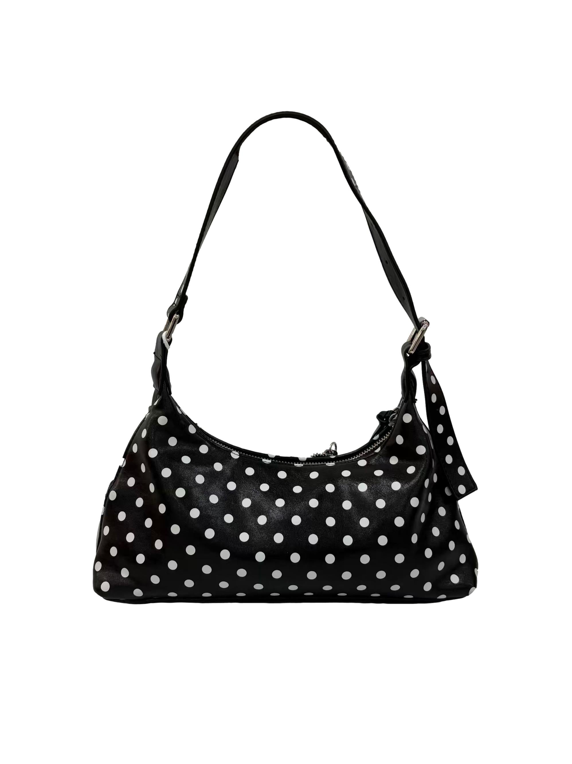Black Polka Dots Leather Tassel Lock Baguette Shoulder Bag