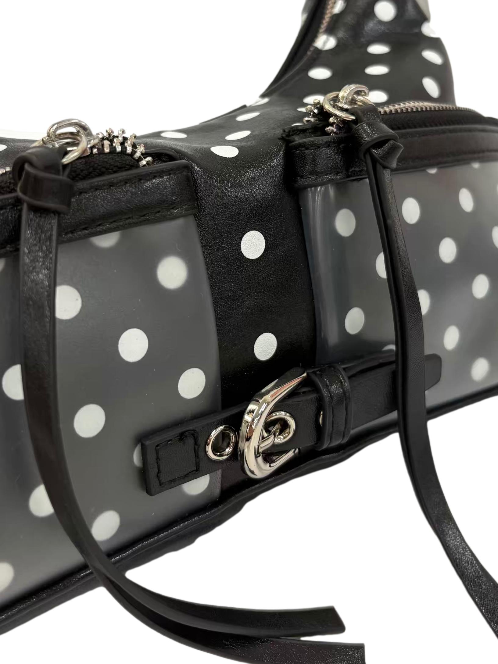 Black Polka Dots Leather Tassel Lock Baguette Shoulder Bag