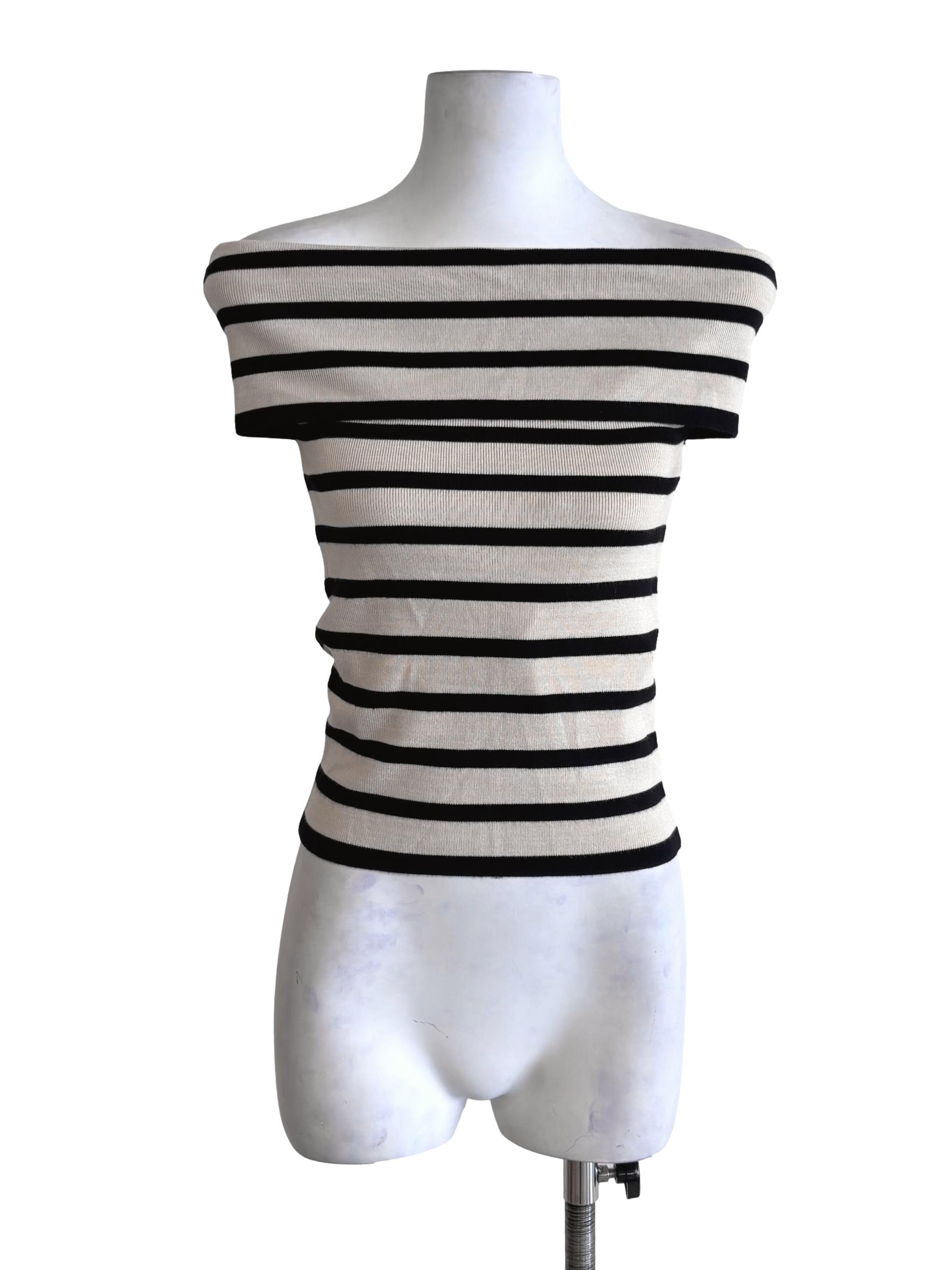 Oat Beige Stripe Off Shoulder Knit Top LB