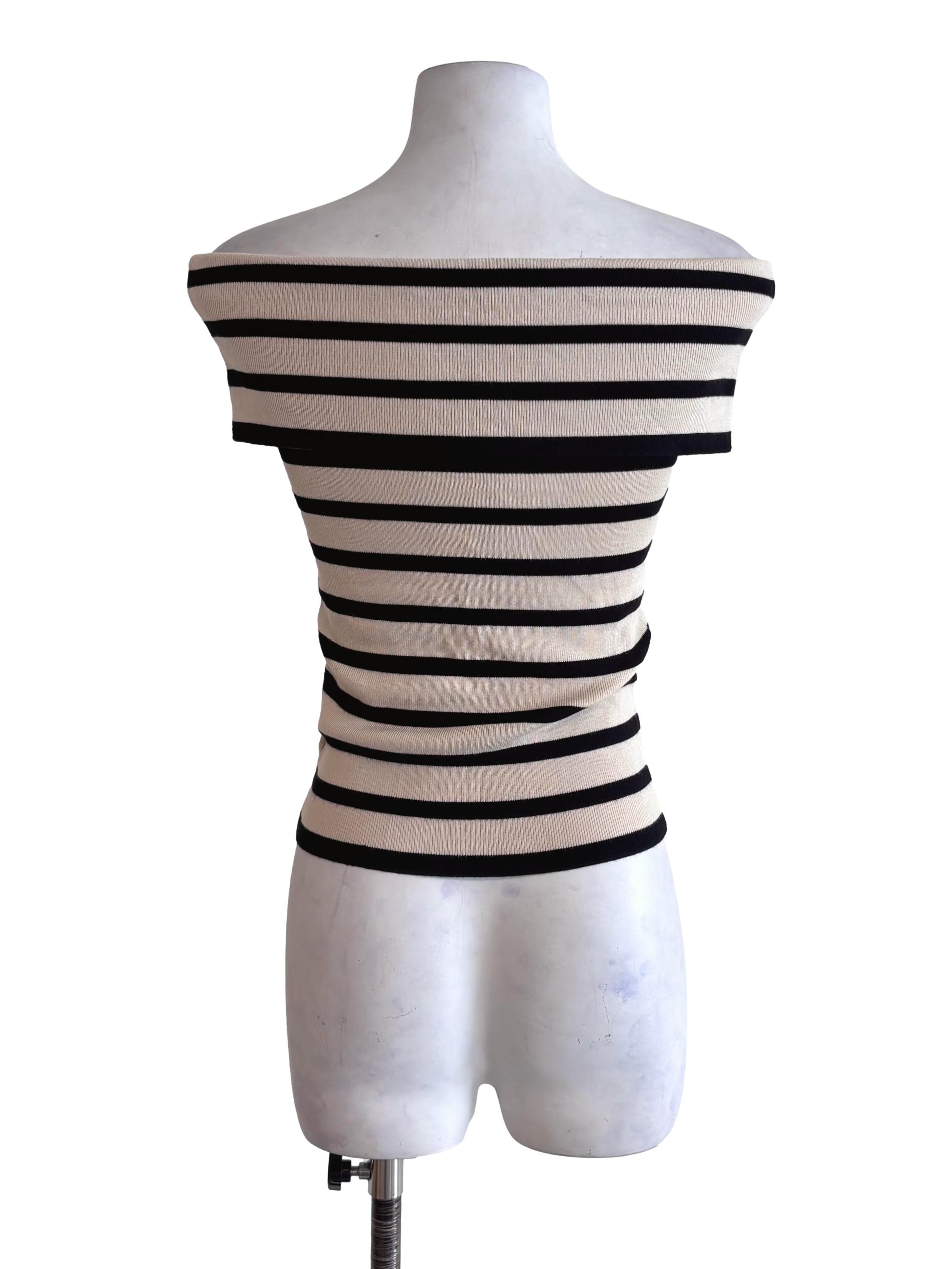Oat Beige Stripe Off Shoulder Knit Top LB