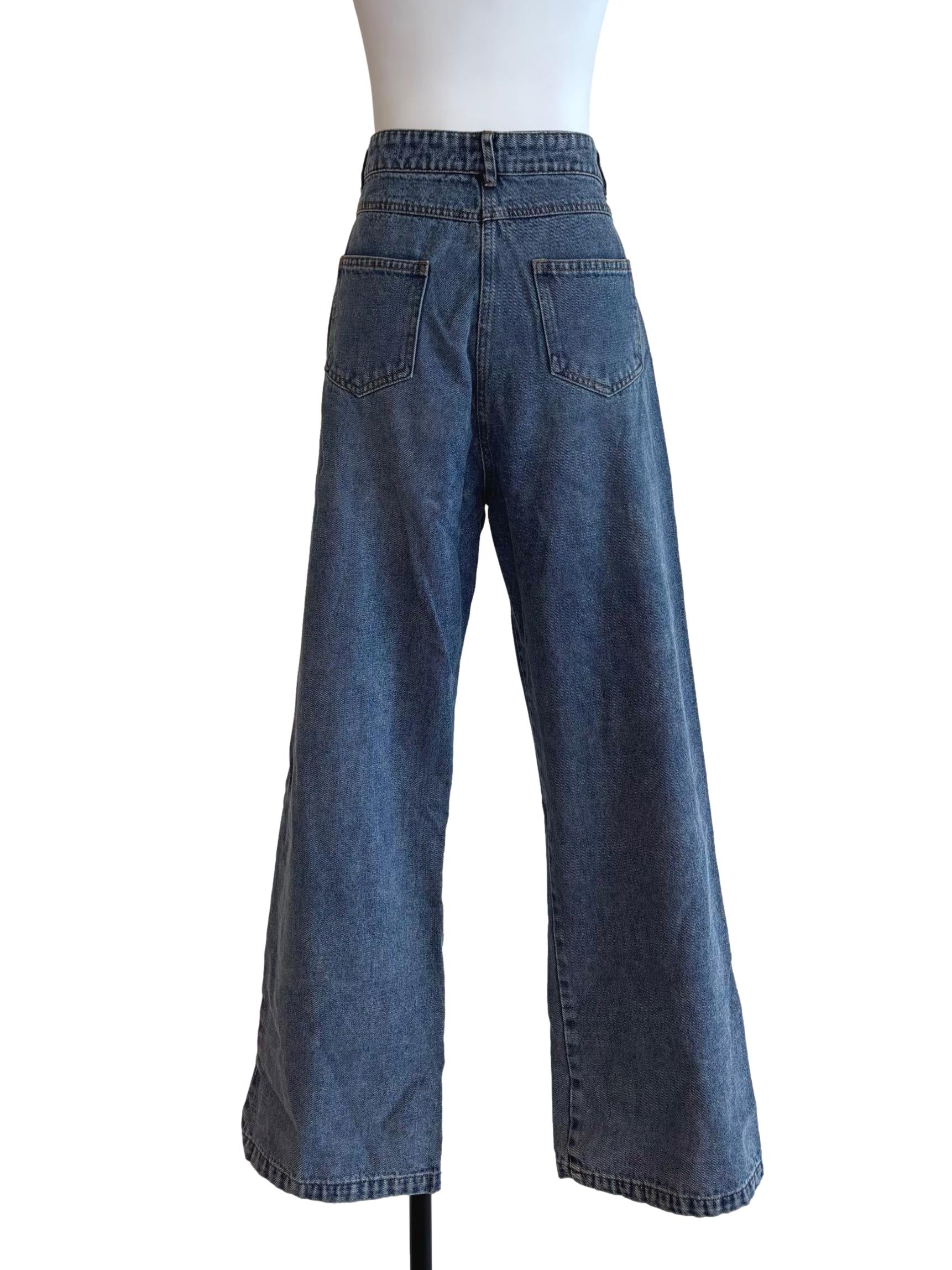 Denim Blue Wide Leg High Waisted Jeans