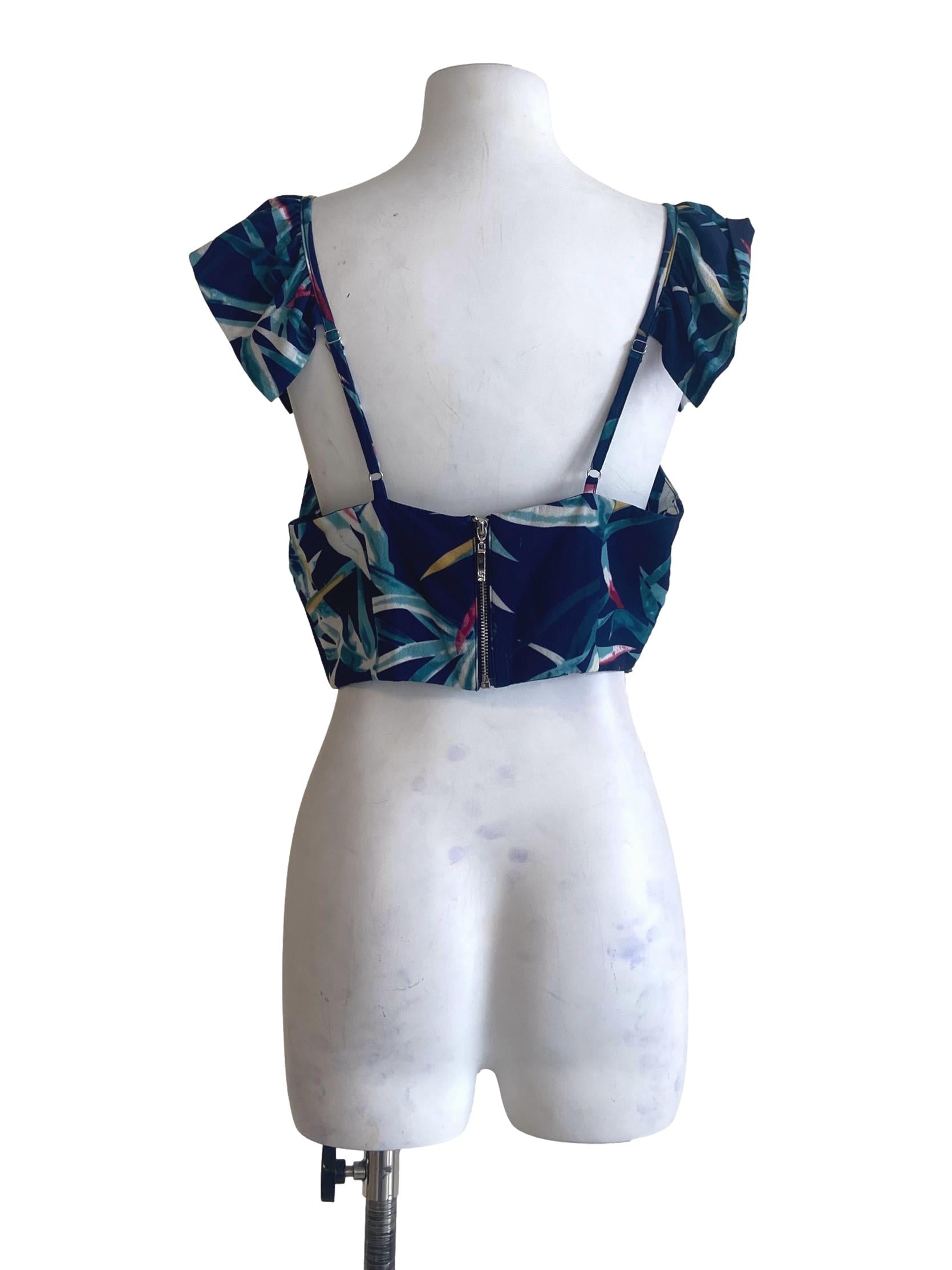 Blue Floral Ruffled Crop Top