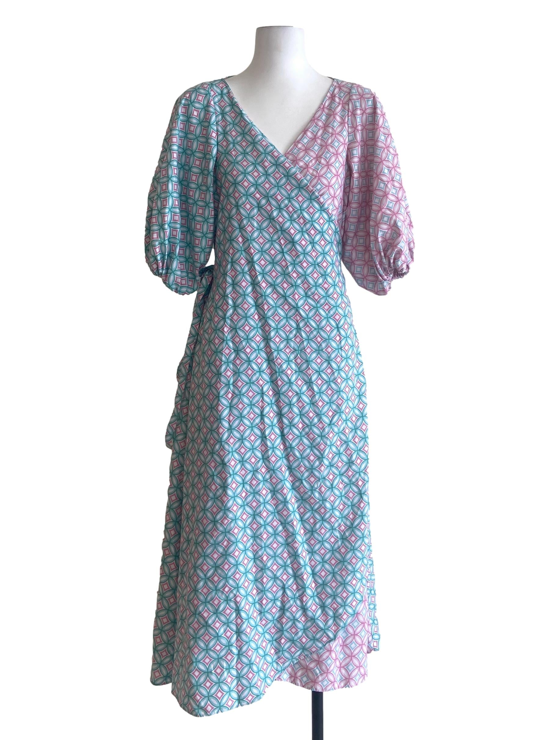 Green & Pink Wrap Empire Dress